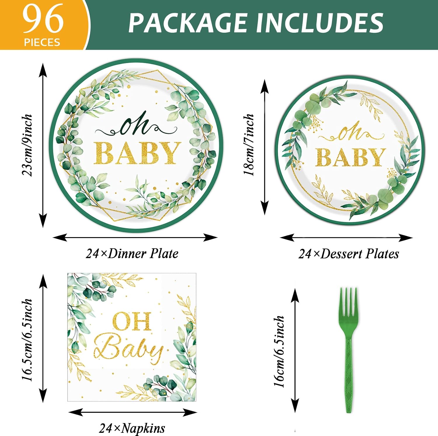 Tevxj 96PCS Sage Greenery Oh Baby Tableware Set Baby Shower Dinnerware Disposable Plates Green Gold Foil Eucalyptus Leaf Party Plates Napkins Forks for Baby Shower Party Decorations Supplies 24 guests image 2