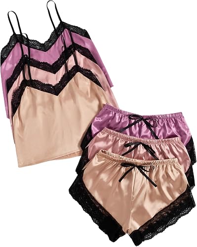 GORGLITTER Women's 6 Piece Silk Pajama Set Sleeveless V Neck Crop Cami Top and S