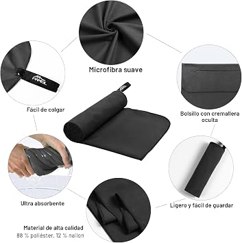 Pameil Microfibre Towel | 120 x 50 cm Sports Towel, Lightweight, Absorbent and Quick Drying | Gym Towel with Zip Pocket for Beach, Camping, Yoga and Sauna (Black)