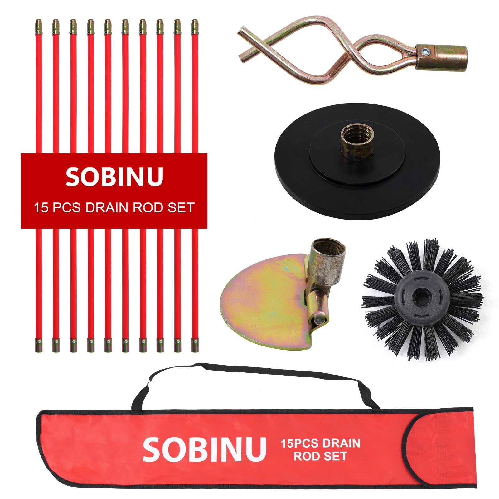 Sobinu Red 30Ft (9M) Drain Rod Set Kit – 15Pcs Professional Heavy Duty Drain Cleaning Rods With Plunger, Worm Screw, Scraper & Brush, Pipe & Gutter Unblocking Tool With Carry Bag