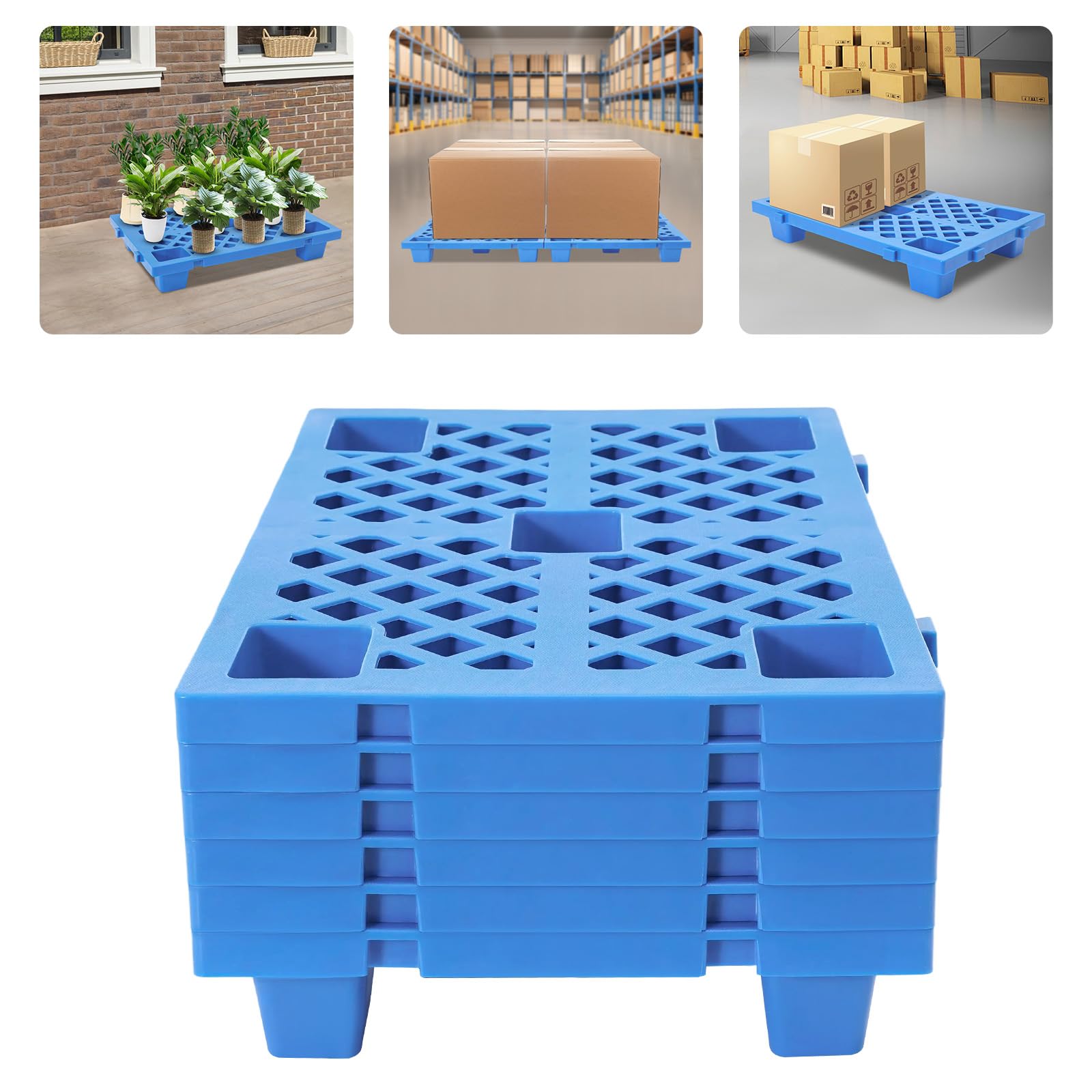 Paleta ligera, 6 paletas de plástico, universal, 60 x 40 x 10 cm, rectangular, para exteriores, cocina, balcón, trasteros, hasta 100 kg (azul)