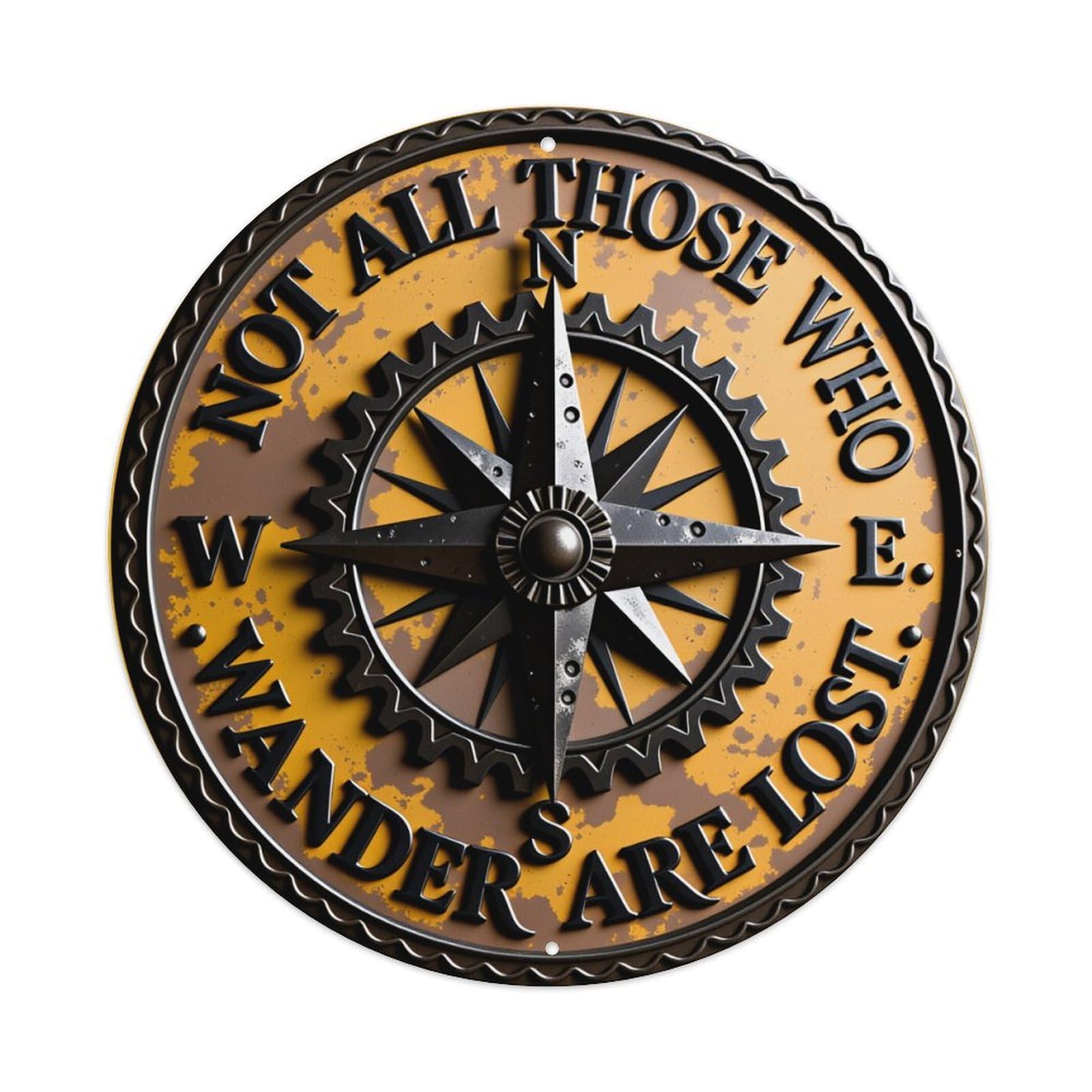 Compass Gear Pattern Design Art Round Tin Sign Vintage Metal Poster Retro Bar, Home, Man Cave, Kitchen, Laundry Room Wall Art Decor Gift 8x8Inch