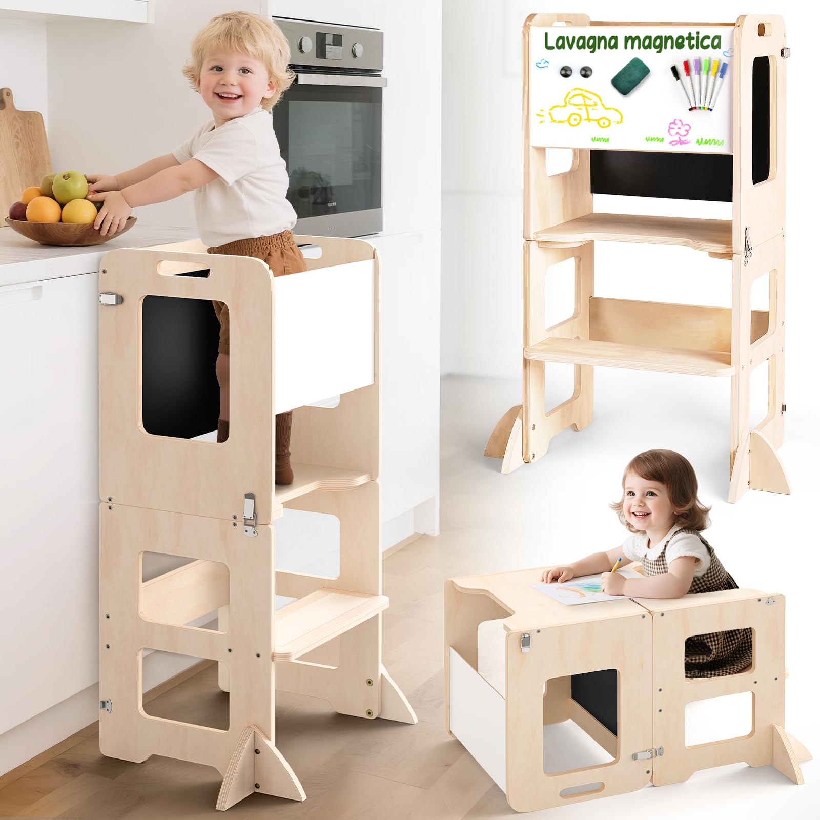 Torre Montessoriana Bambini da 1 Anno, 4 in 1 Torre Montessoriana Pieghevole per L'Apprendimento in Piedi, Torre Montessori con Lavagna e Lavagna Bianca, Regalo per Bambini e Bambine da 1 a 3 Anni