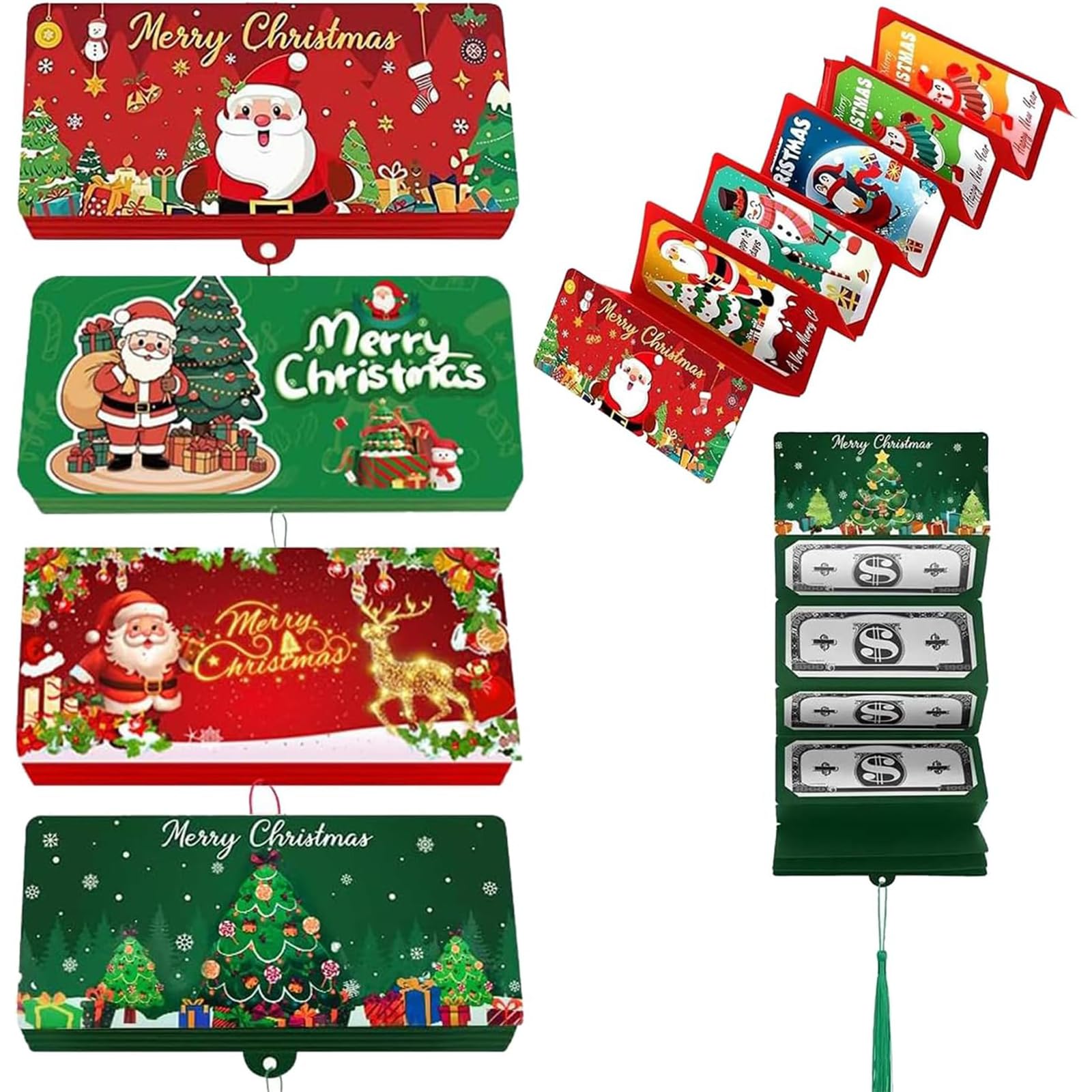 Vibbang 3 Pcs Handmade Waterfall Christmas Gifts Card Booklet, Christmas Money Holder Envelope Booklet, DIY Personalized Xmas Gifts Card with 4 Slots, Xmas Cards Party Gift Supplies for Friends Family