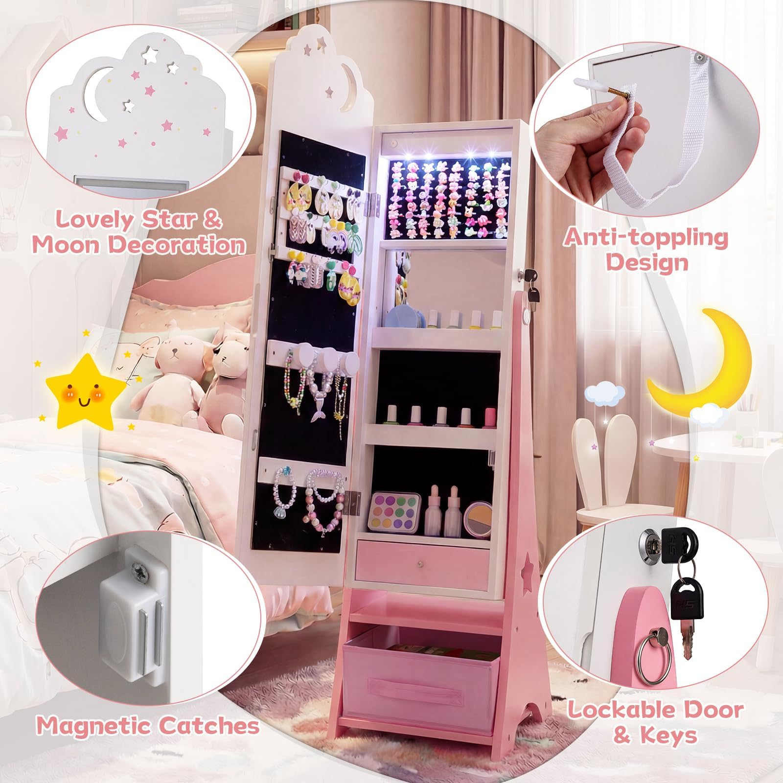 FANTASK Armoire à bijoux pour enfants - Armoire miroir avec éclairage LED et miroir complet - Verrouillable - Organiseur de bijoux inclinable avec miroir intérieur et tiroirs - Pour chambre d'enfant