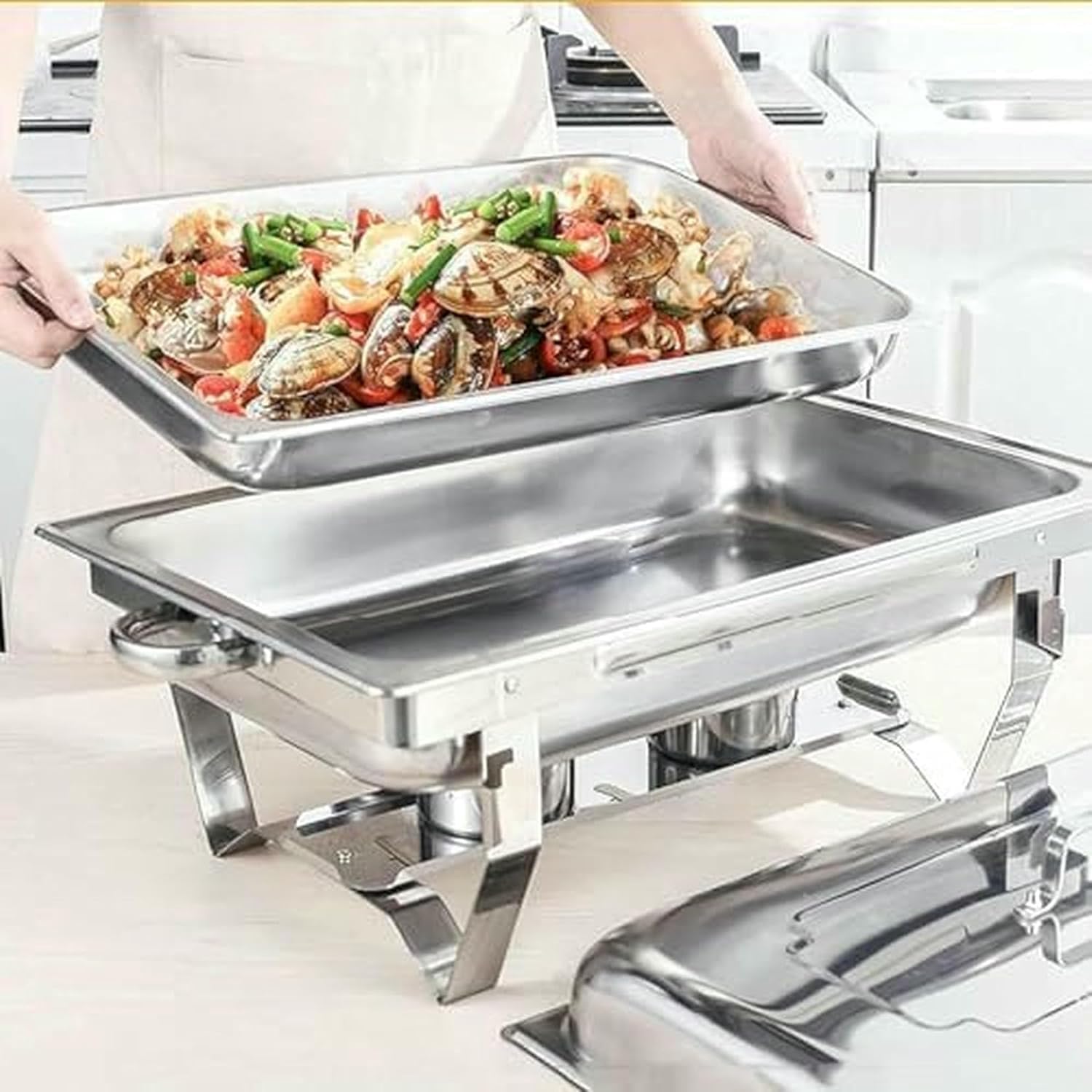 Buffet Server Piatti di Servizio, Chafing Dish Catering Buffet Set, Set da 9 Litri-Buffet Servers E Scaldabagni, per Party, Feste, Matrimoni, Banchetti, Argento
