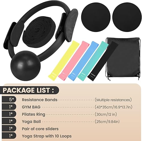 Miniatura 2 de Kit esencial de pilates para entrenamientos en casa, juego de equipo de pilates negro con pelota de yoga de 9 pulgadas, deslizador de pilates, banda