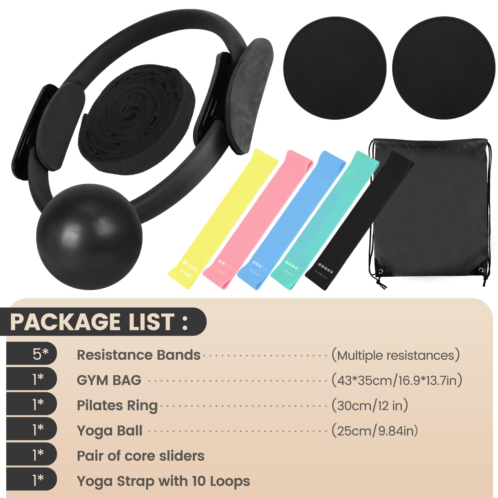 Pilates Ring Ball Bands Set Pilates Essentials Kit for Home Workouts, Yoga Ball, Pilates Magic Circle, Core Sliders Discs, Exercise Resistance Bands, Yoga Stretch Strap with Loops, Women Fitness Gift