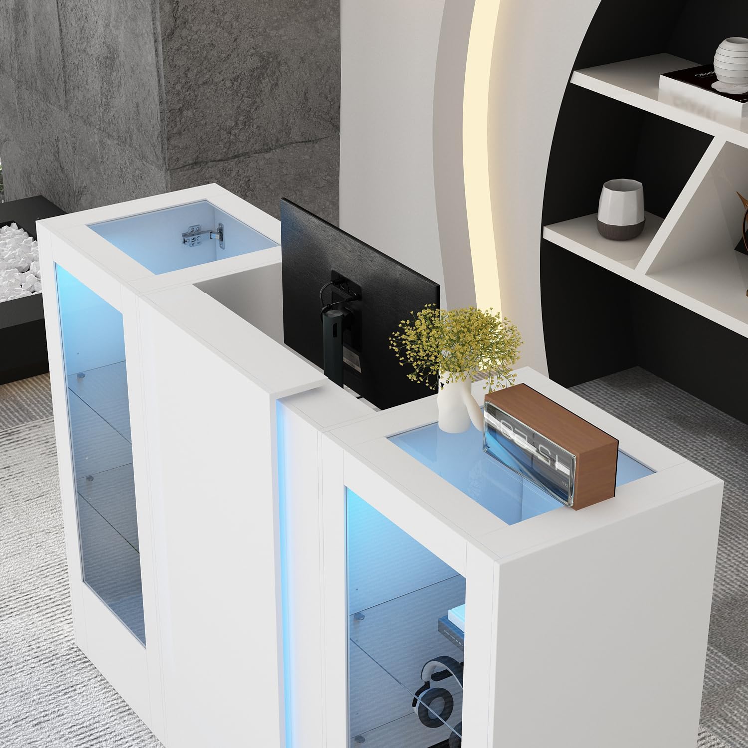AIEGLE Modern Reception Desk, Front Desk Reception Counter, 59.1" W Check Out Counter with Storage, LED Lights, Cable Grommet & Adjustable Glass Display Shelf for Salon, Lobby, White