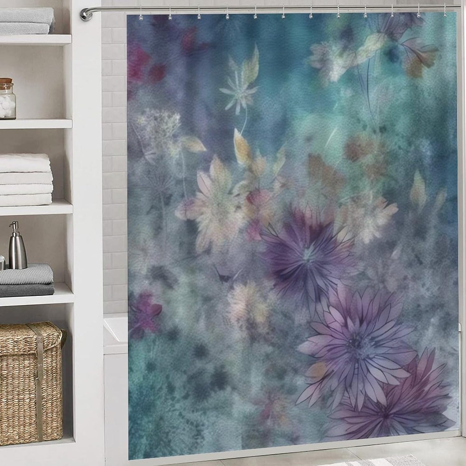 and Green Shower Curtain Set 4 Piece, Non-Slip Bath Mat with Toilet Lid Cover and Waterproof Shower Curtain with 12 Hooks, Complete Bathroom Set for Home Decor