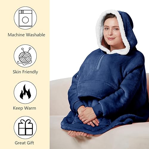 Miniatura 5 de Manta de franela de gran tamaño con capucha y forro polar Sherpa gigante con capucha, color azul marino, con mangas y bolsillo gigante