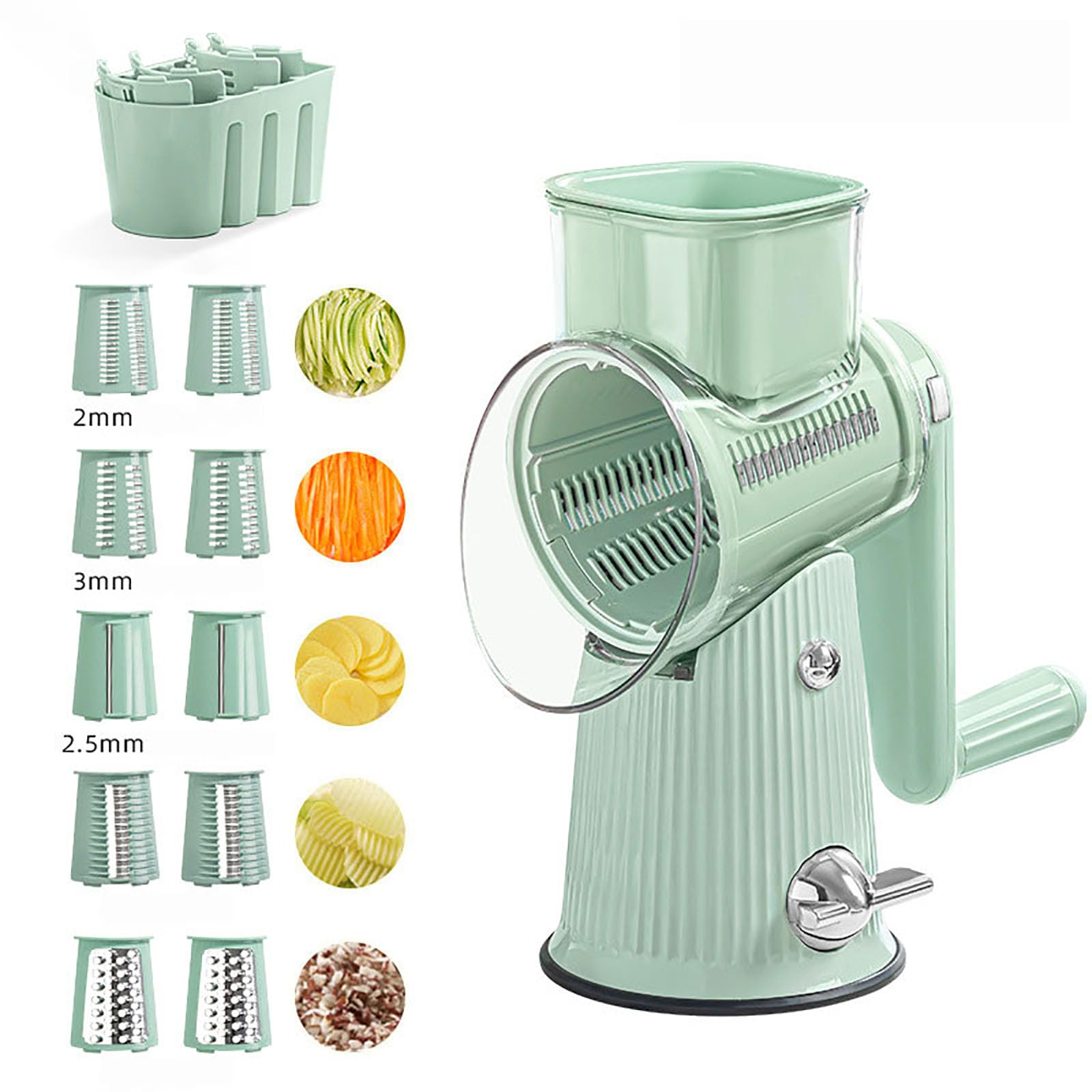 Râpe à fromage rotative 5 en 1 et trancheuse à légumes avec poignée, 10 lames en acier inoxydable, gadget de cuisine facile à nettoyer avec boîte de rangement pour fromage et légumes