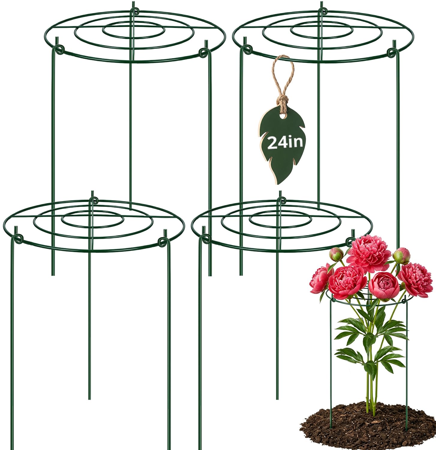 4 Pack Round Grow Through Plant Supports with Detachable Legs, Large Garden Grow-Through Cages, Metal Garden Supports for Peony, Roses, Tomatoes, Dahlias, Orchids, Climbing Flowers (60x30cm)