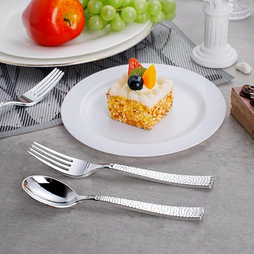 Miniatura 9 de KIRE Juego de 400 tenedores y cucharas de plástico plateado desechables, juego de cubiertos de plástico resistente, cucharas y tenedores plateados,