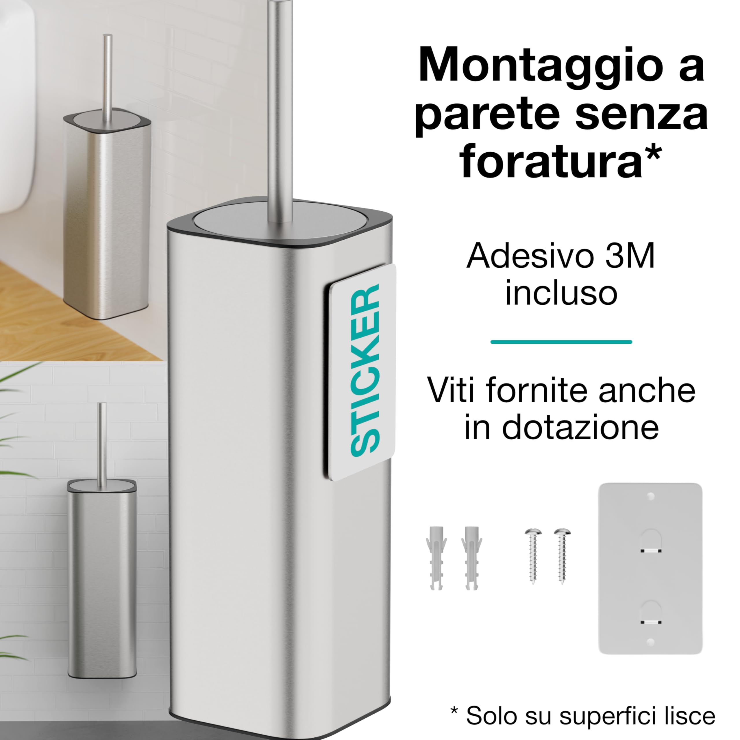 Scopino WC Sospeso - Scopino Silicone e Metallo - Nessuna Foratura - Montaggio a Parete con Adesivo o Vite - Acciaio Inox 304 - Porta Scopino Bagno WC - WC3681