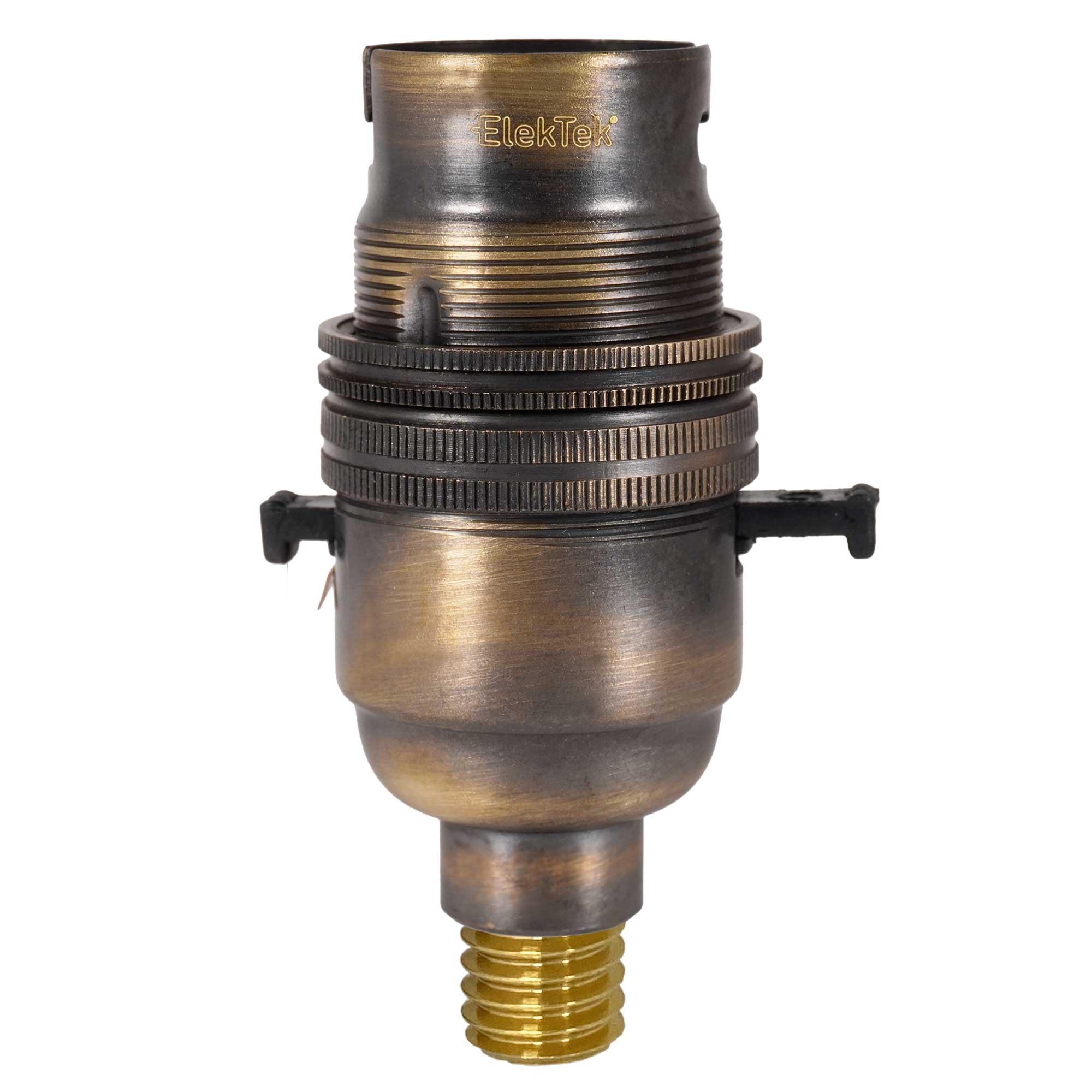 ElekTek Safety Switched Lamp Bulb Holder B22 BC Bayonet & Shade Ring 7/16 Screw Wood Mount base Brushed Antique Brass Made in UK - Child Safe Switch Push Bar locks OFF & cuts power if no bulb fitted