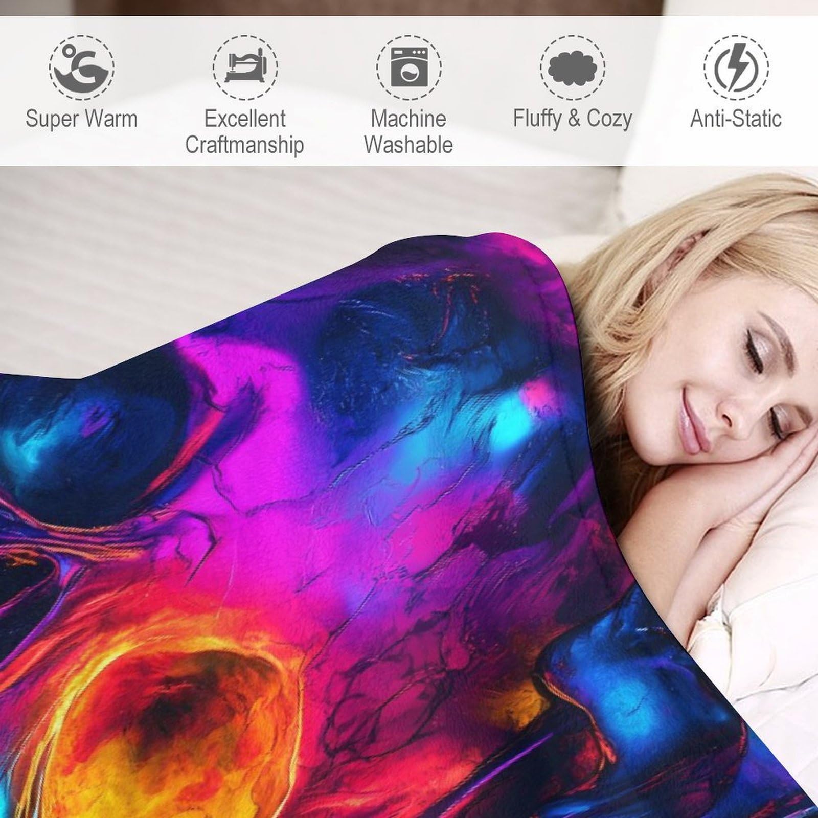 Coperta leggera con teschi colorati al neon per letto, divano, morbida flanella coperta grande calda in peluche 127 x 178 cm
