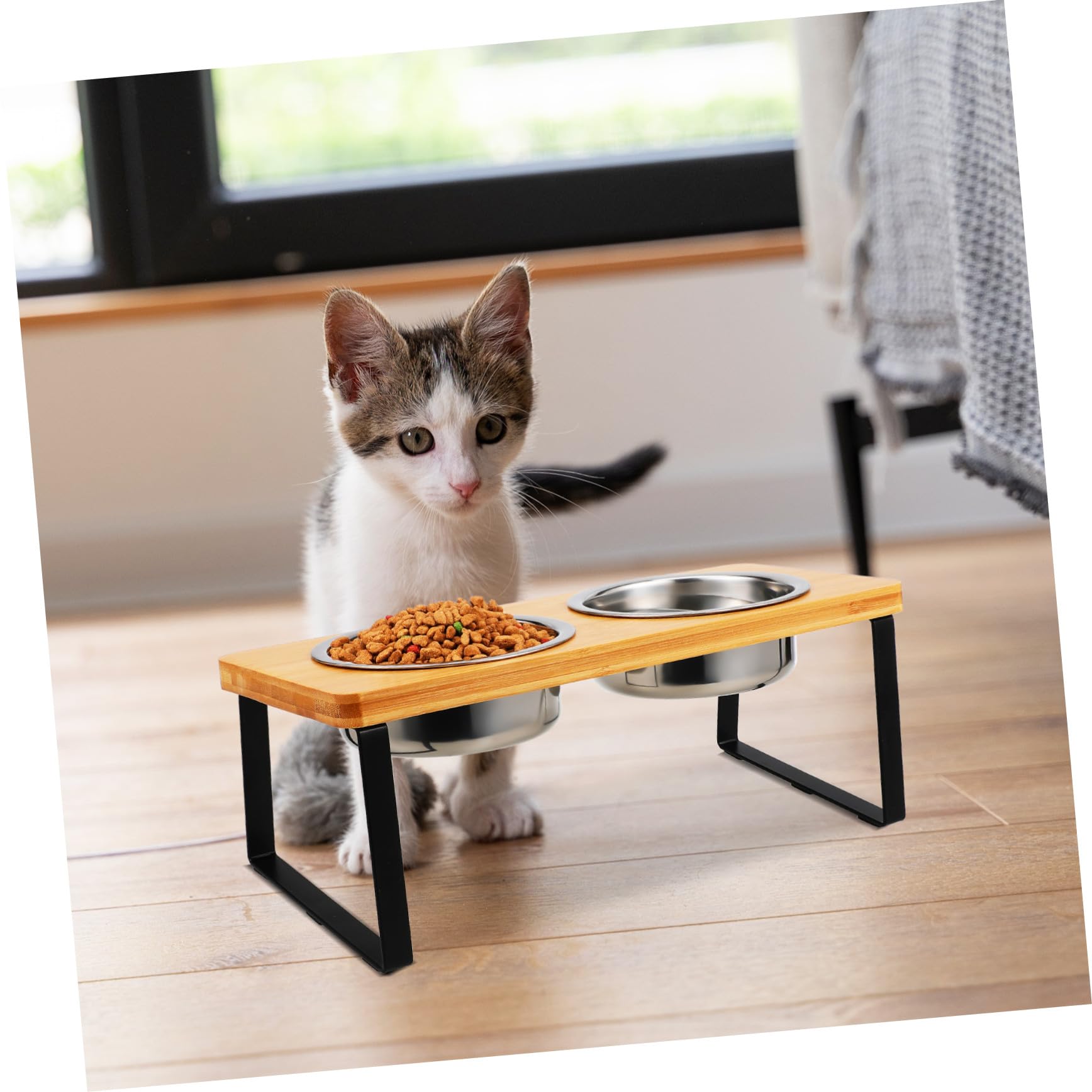 Gatuida Comedero Gato Elevado Doble con Soporte Antideslizante Cuencos de Acero Inoxidable para Comida y Agua Diseño Moderno Minimalista para Gatos de Interior