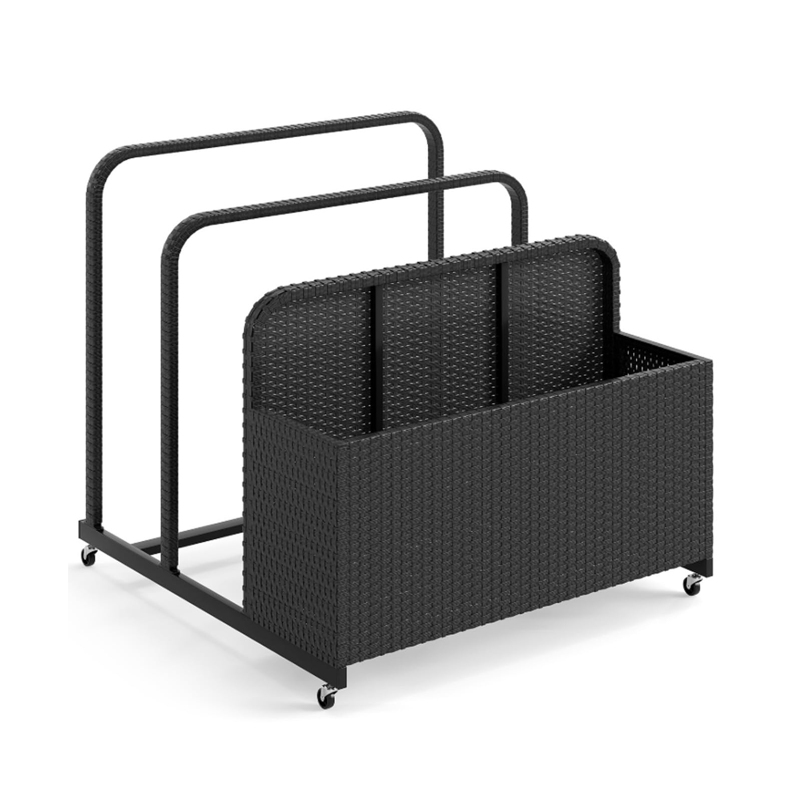 GIANTEX Étagère de Piscine avec 2 Porte-Serviettes et Coffre de Rangement en Osier, 4 Roulettes pour Déplacement Facile, Coffre Piscine Exterieur pour Bouées, Matelas Gonflables, Coussins (Noir)