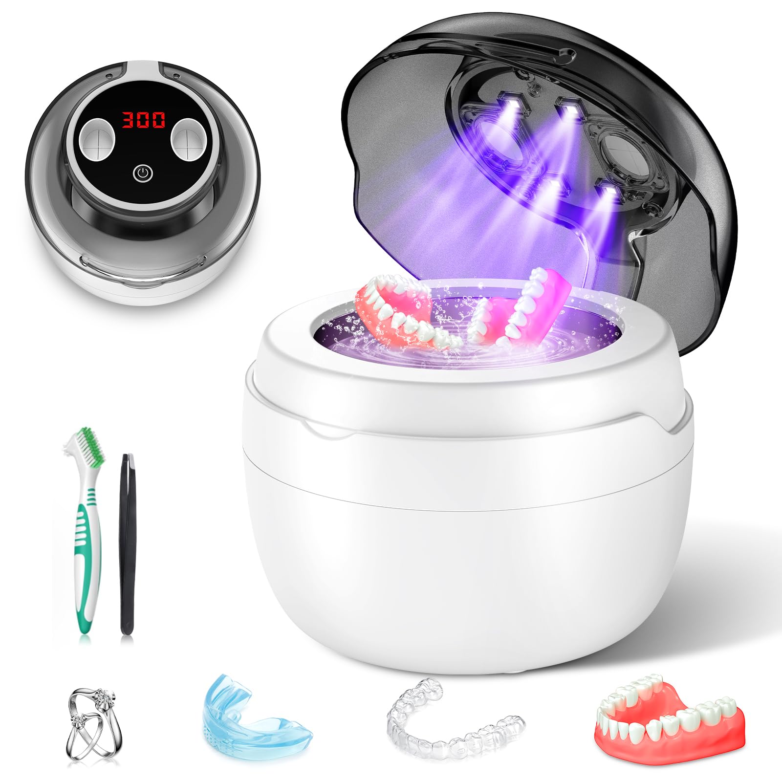 Nettoyeur Ultrasons 50000Hz avec Lampe UV, 4 Réglages de Temps pour Prothèses Dentaires, Bijoux