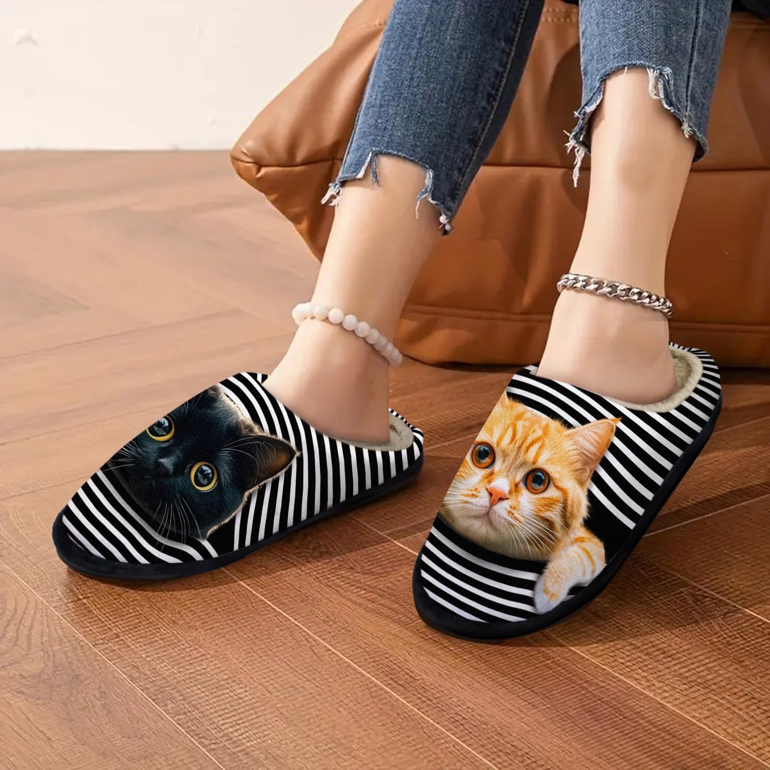 Cat Slippers for Women, Comfy Warm Fuzzy Animal Print House Shoes with Non-Slip Rubber Sole, All-Season Warm Winter Memory Foam Slip-On Slippers for Indoor Outdoor, Machine Washable