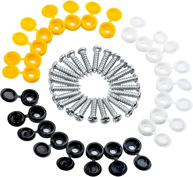 48PCS Caps and Screws Car License Plate Fixing Fitting Kit Car Number Plate Fixing Fitting Kit (White Yellow & Black Caps)