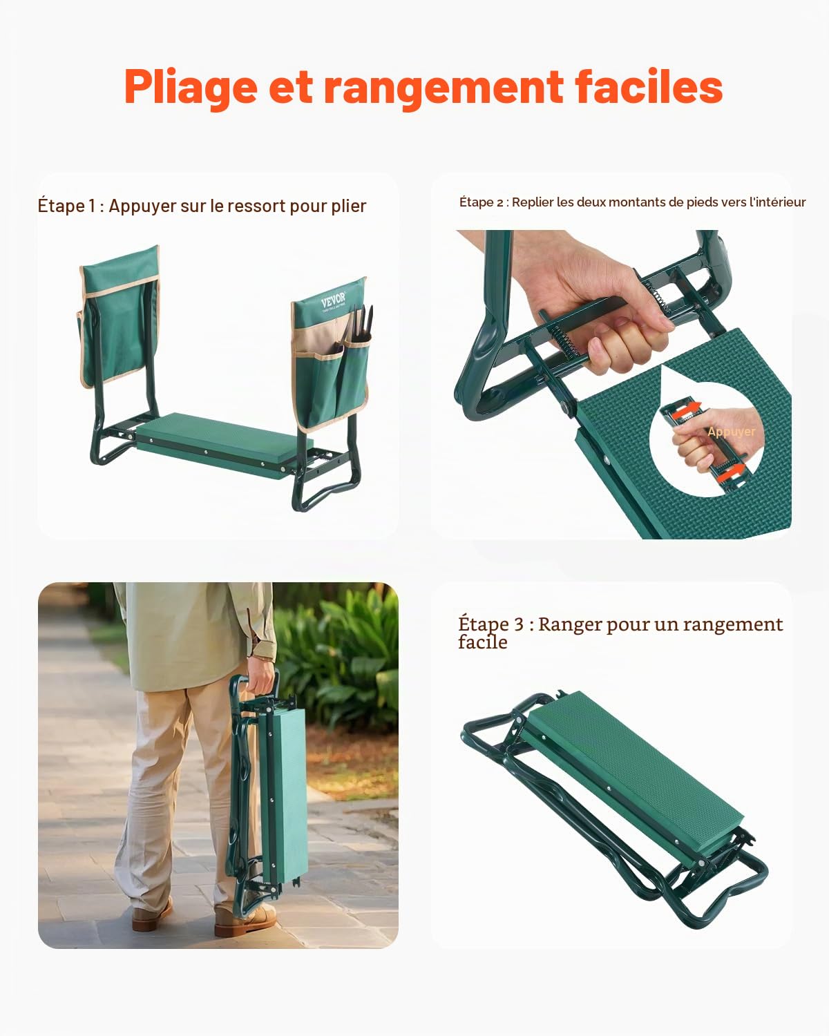 VEVOR Agenouilloir de Jardinage, Coussin Large 15 cm, Tabouret de Jardinage, Charge 150 kg, Banc de Jardin Pliable, Siège Polyvalent avec 2 Sacs à Outils pour Jardin, Grands-Parents, Personnes Âgées