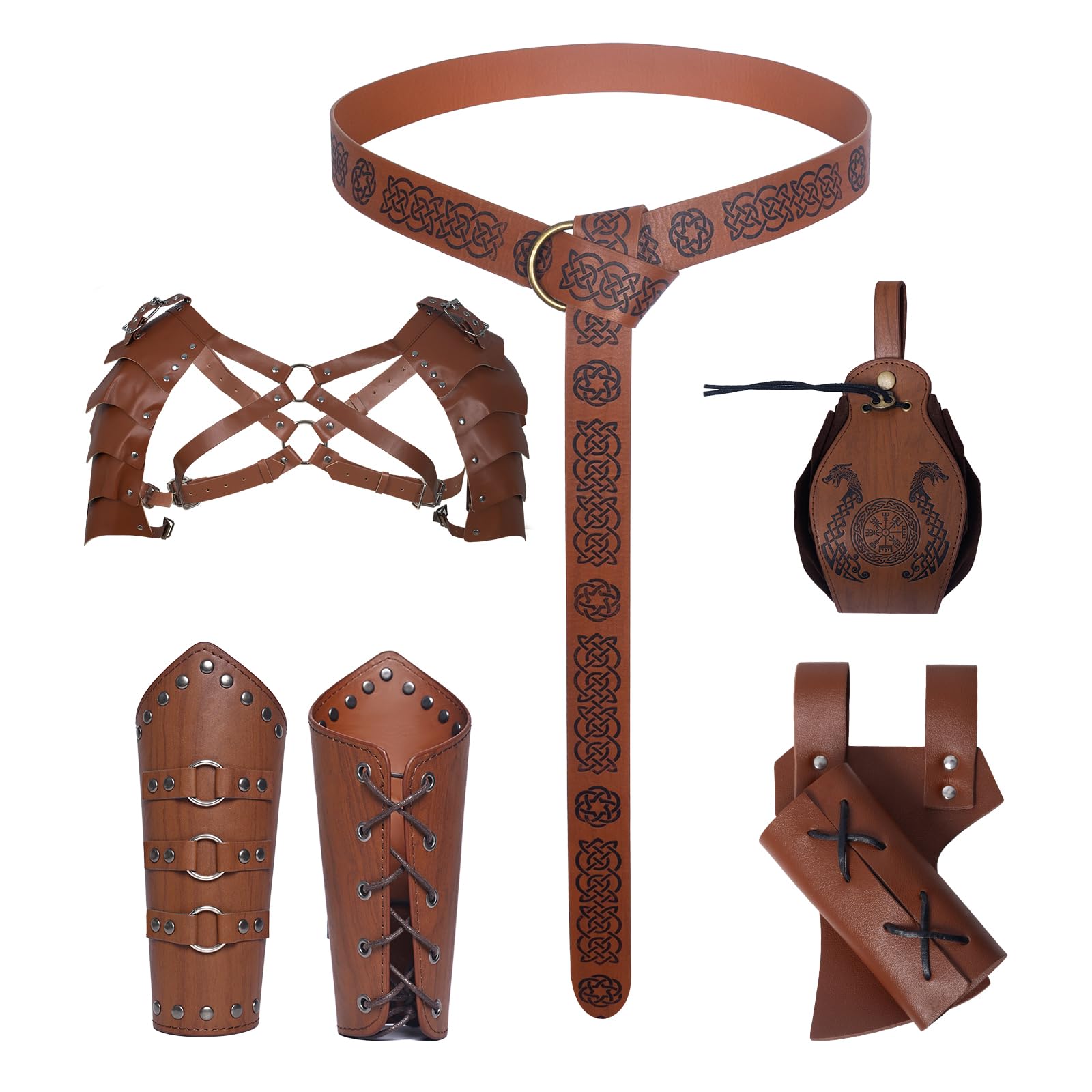Halloween Medieval Belt Suit, Viking Clothing Accessories, Medieval Knight Costume Accessories Set of 5 for Cosplay, Wizard, Masquerade, Halloween (Brown)