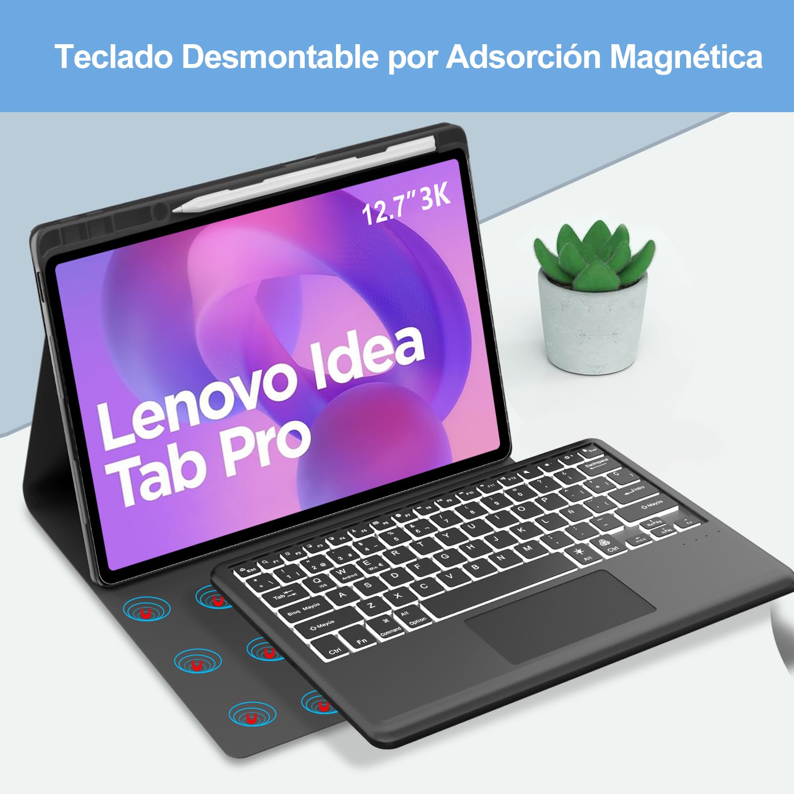FOGARI Teclado con Trackpad para Lenovo Idea Tab Pro 12.7" 2025 | Funda para Lenovo Idea Tab Pro 12.7 con Español Ñ Teclado Retroiluminado Bluetooth Magnético Desmontable con Trackpad, Negro