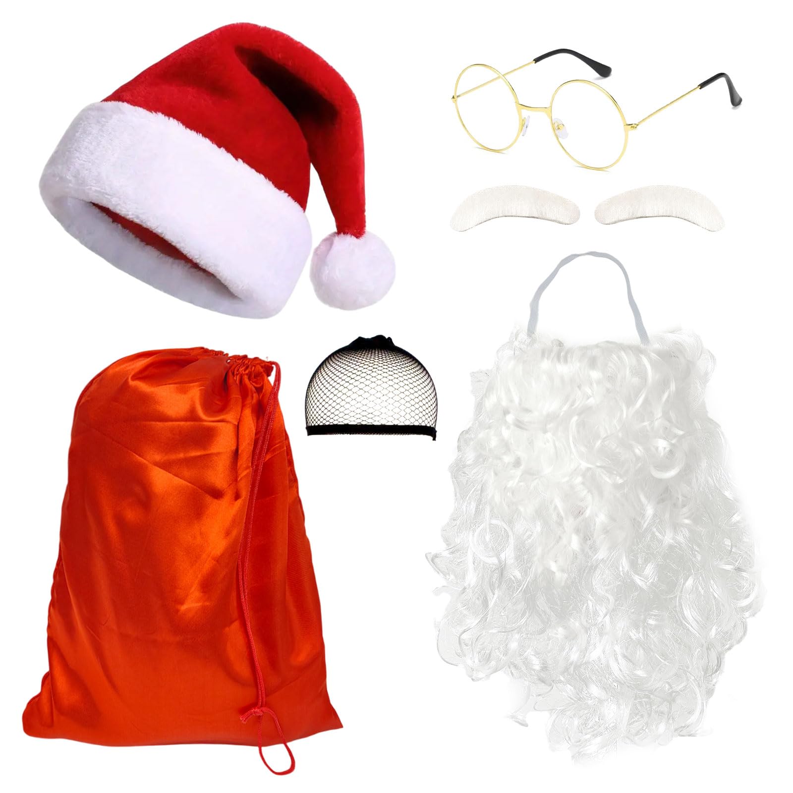 TUONYIS 6 Pieces Santa Suit,Santa Hat Beard Eyebrows Gold Glasses Red Bag Hairnet,Santa Costume Santa Beard Mask Face Cover,Santa Costume Accessories for Adults Christmas Cosplay New Year Party (Red)
