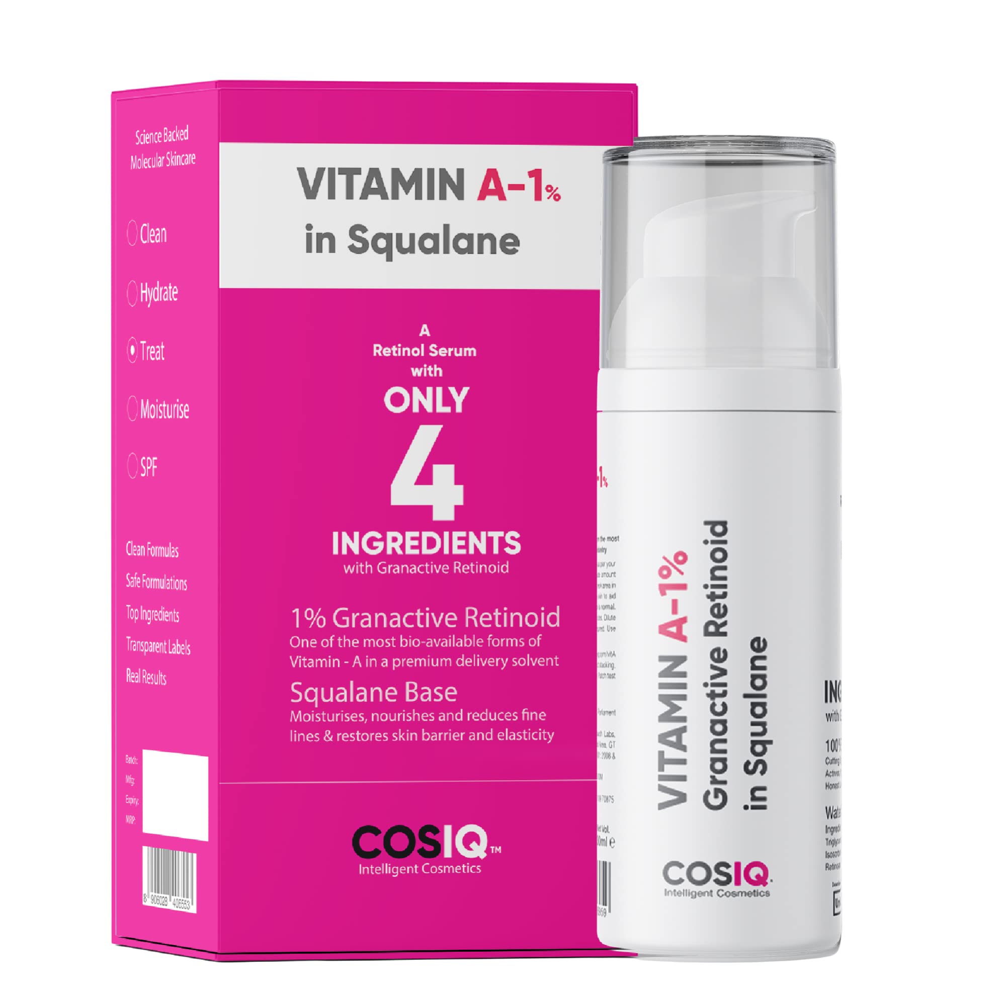 Cos-IQ 1% Vitamin A Granactive Retinoid in Squalane Face Serum | Only 4 Ingredients Vit-A Anti Ageing Retinol Night Serum for Wrinkles, Fine Lines & Acne | For Women & Men | 30ml