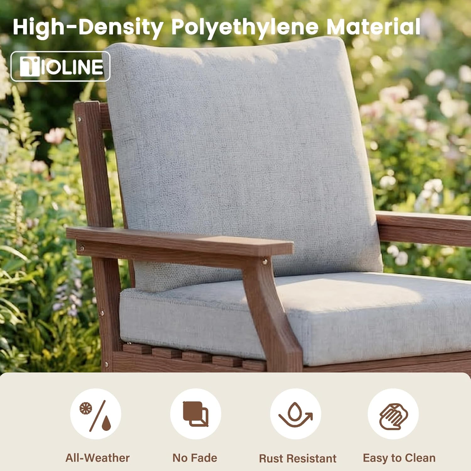 HDPE Patio Conversation Set, 6-Piece All Weather Outdoor Furniture Set with 2 Single Rocking Armchairs for Deck, Lawn, with Cushion, Brown