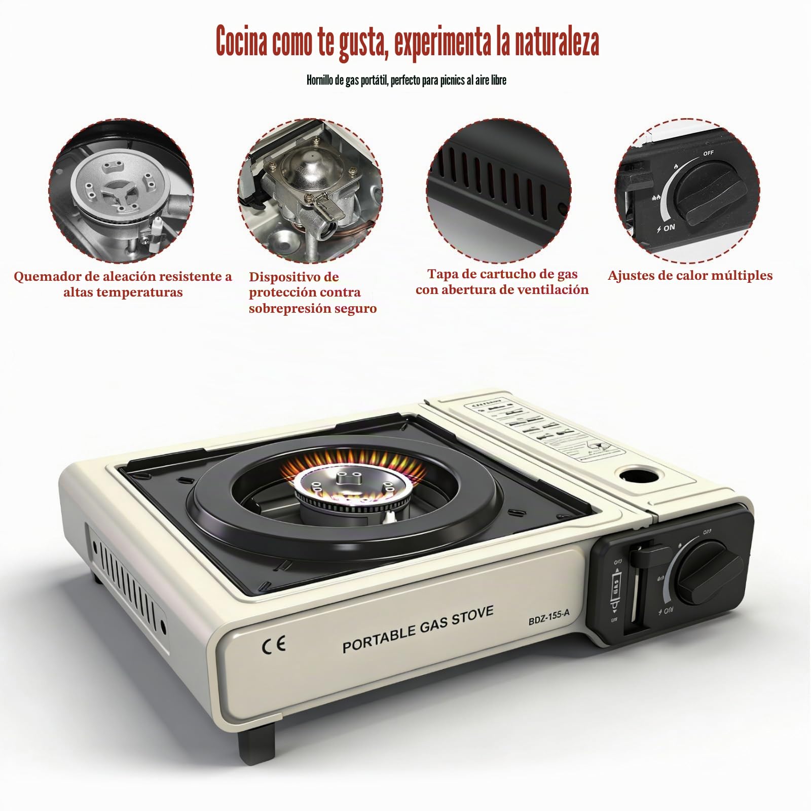 Camping Gas Portatil, Cocina de Gas Butano, Hornillo Camping Gas en Acero Inoxidable, Encendido Piezoeléctrico, Adecuado para Picnic, Camping, Exterior, Ideal para Emergencias, Blanco