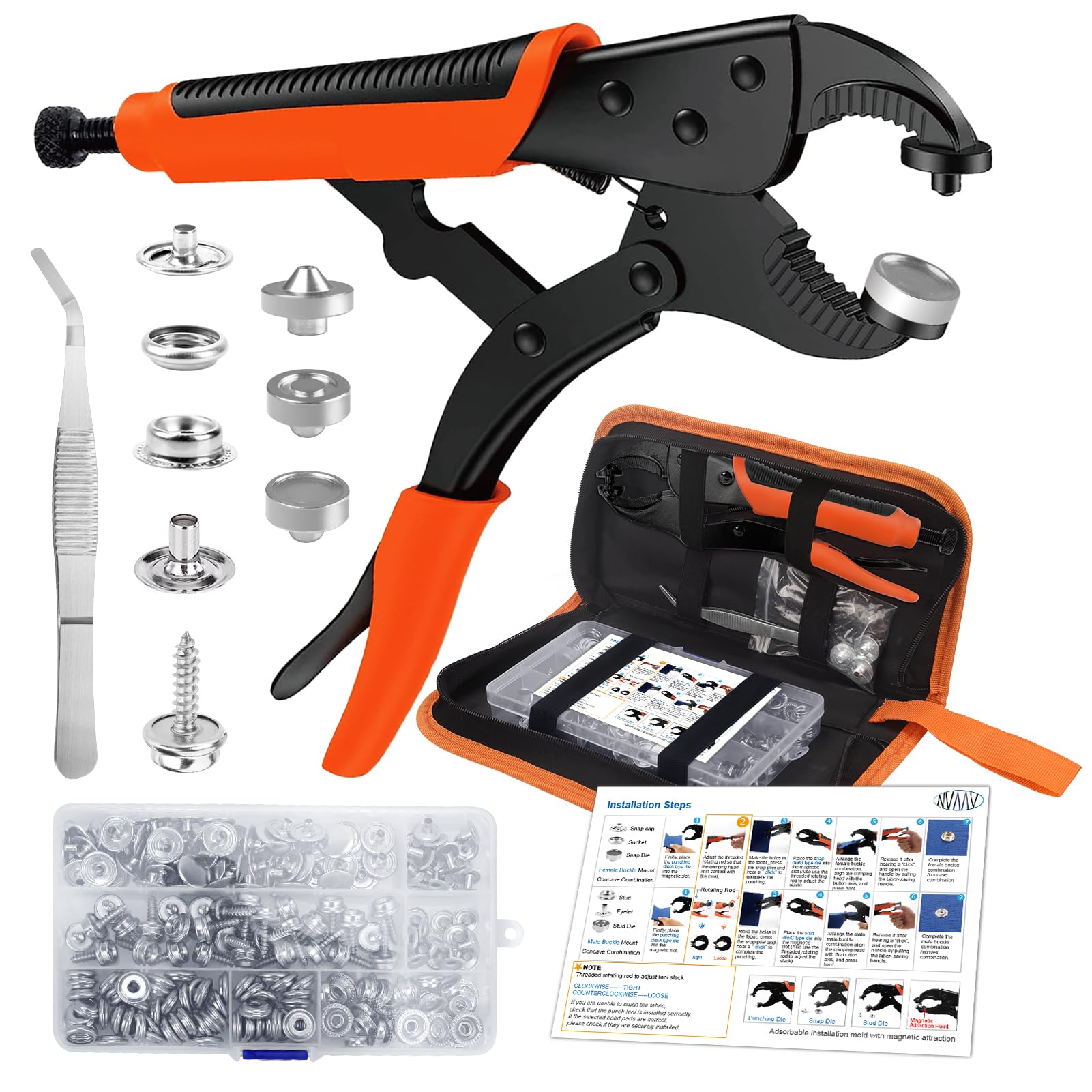 Set di 60 bottoni a pressione in metallo da 15 mm, pinze resistenti per pelle