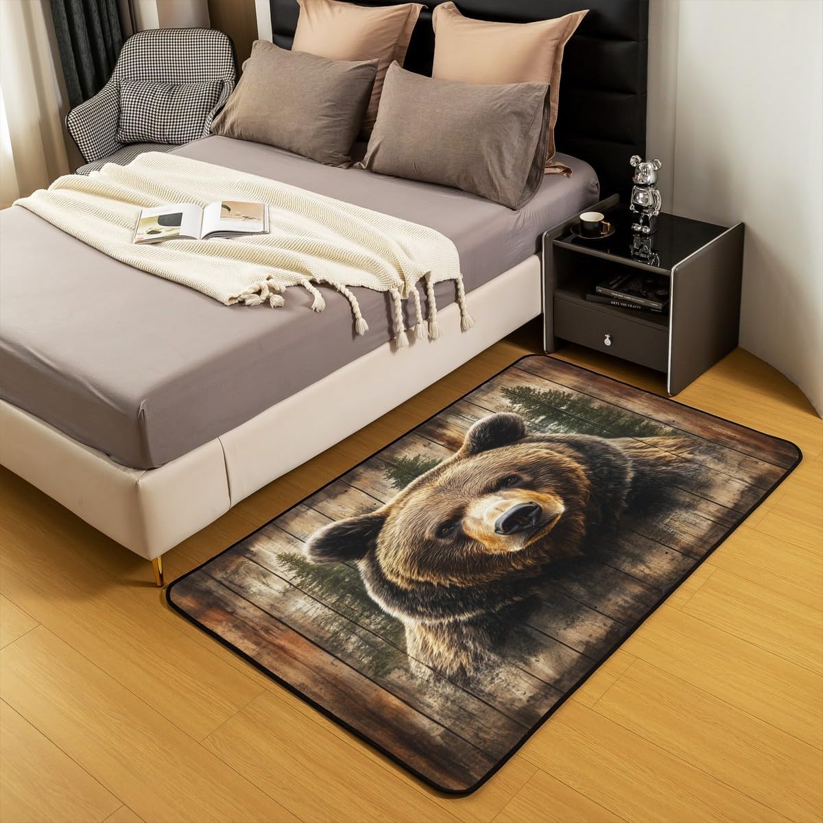 Erosebridal Bear Area Rug 4'11" x 3'3" for Bedroom Living Room Playroom,Hunting Theme Carpet,Rustic Cabin Lodge Indoor Floor Mat Non Slip,Vintage Wooden Plank Decorative Rug