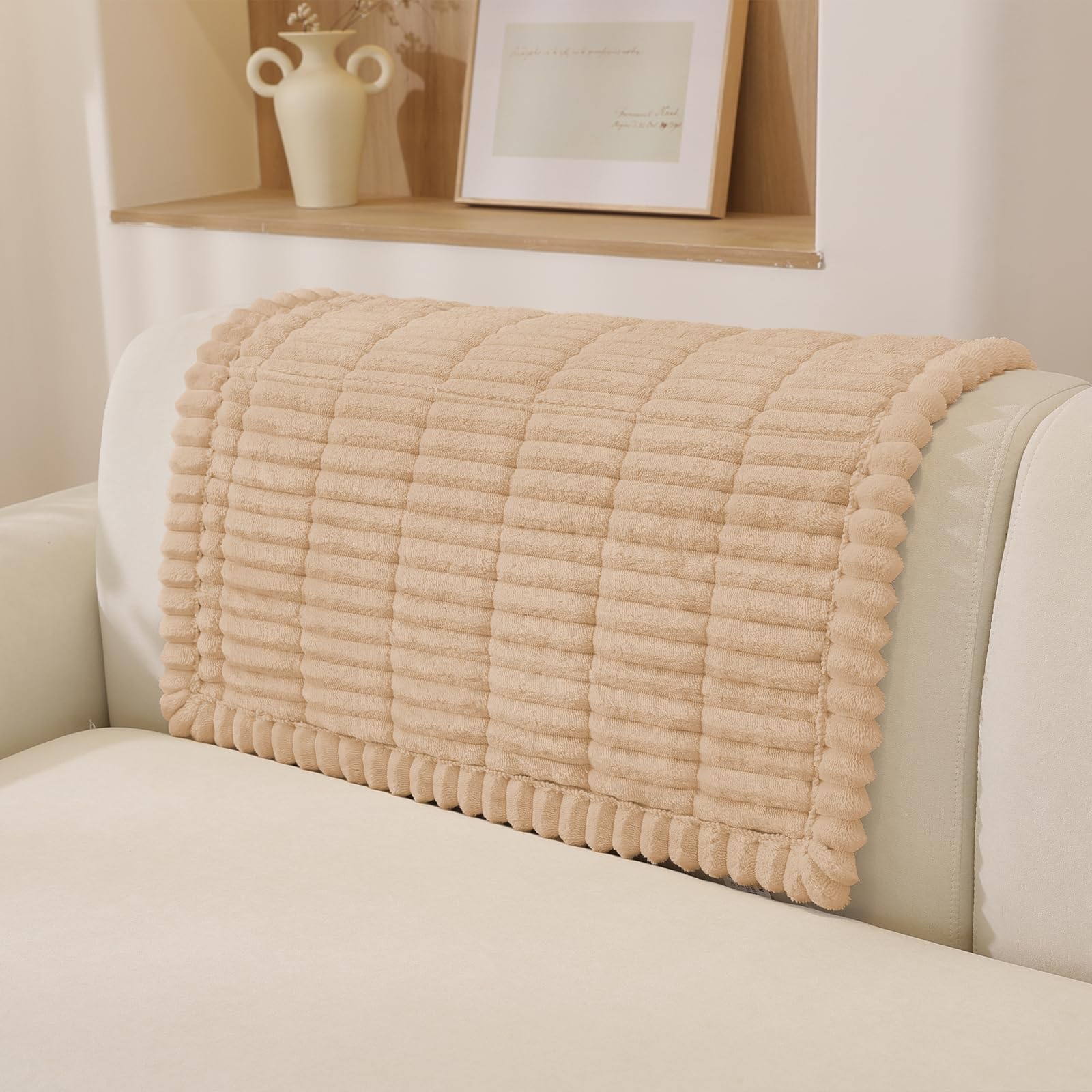 MAXIJIN Flannel Armrest Cover Washable, Soft Thick Sofa Cover 1 Seater, Armchair Covers for Dogs, Backrest Covers Furniture Slipcovers, Fuzzy Pads for Pets and Kids (Champagne, 70×70cm)