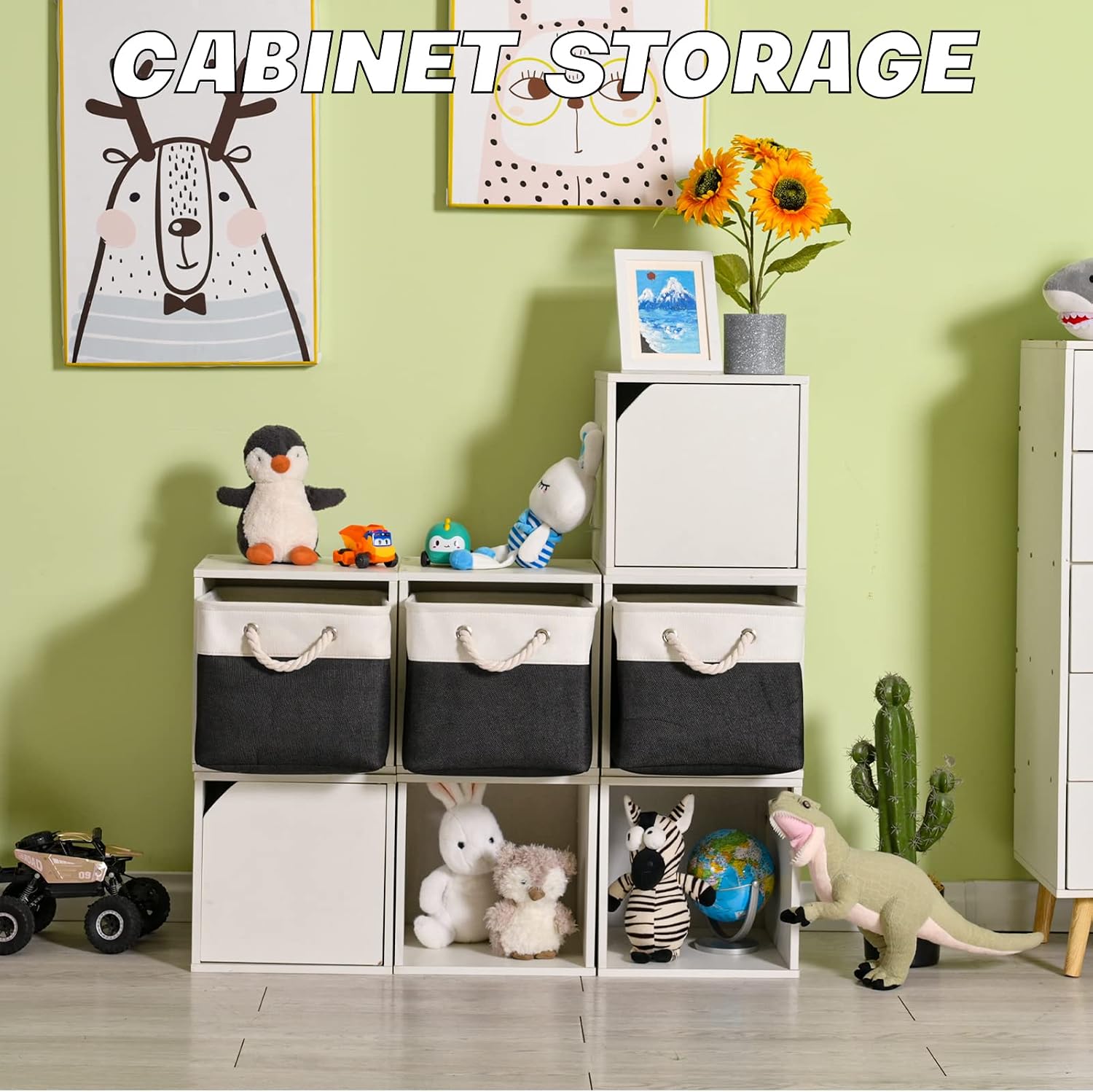 Storage Bins 3 Pack, Fabric Storage Basket for Collapsible Medium Canvas Storage Baskets for Organizing Shelf Nursery Home Closet with Cotton Rope Handle 15(L) x 11(W) x 9.5(H) inch(White&Black-3PCS)