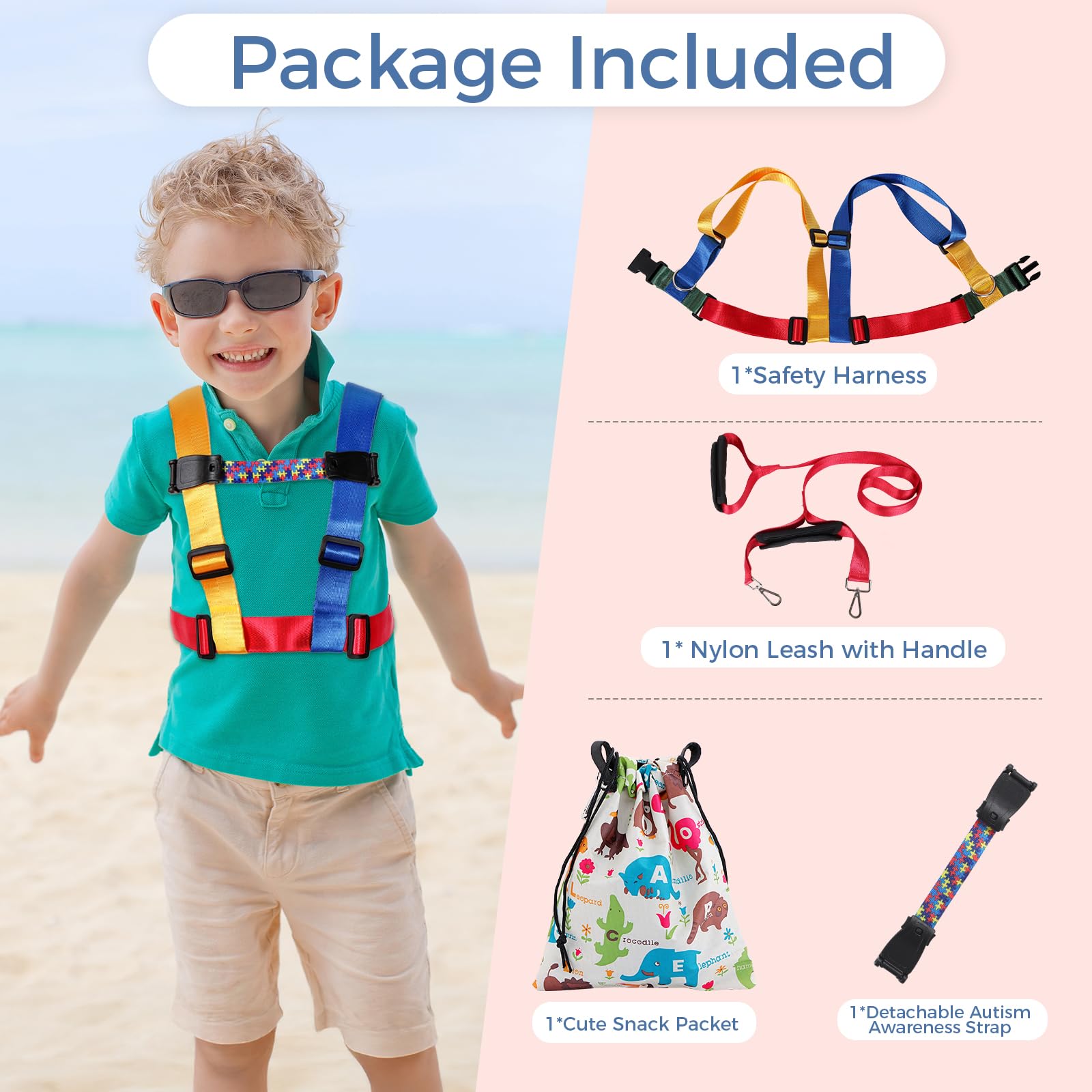 Safety Harness Leash for Active Child (3-6 yrs), Kids Walking Harness with Quick Grab Handle and Pouch, Adjustable Tether for Autism, Special Needs, ADHD ASD Child Colorful Strap with Autism Awareness