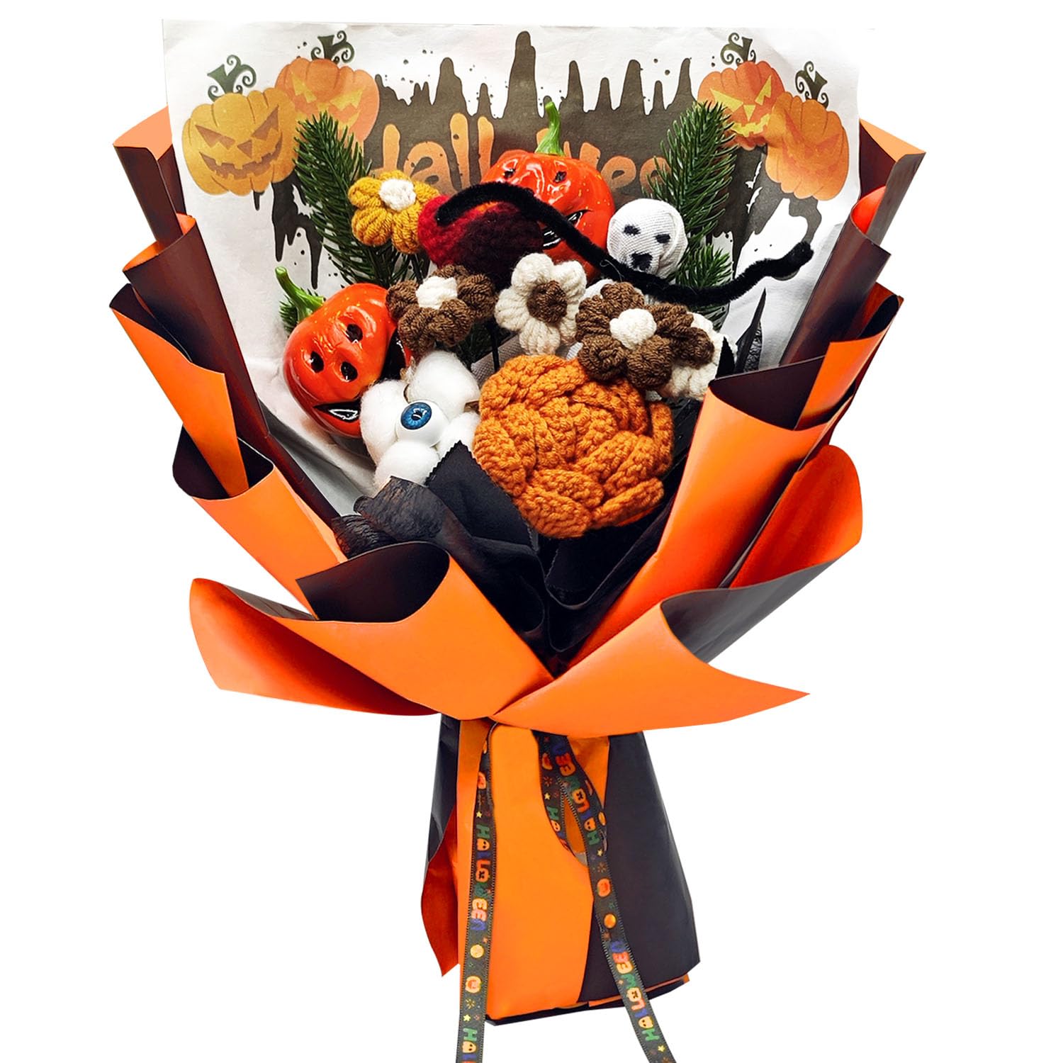 BmBpWOW Halloween Crochet Flower Bouquet: Artificial Forever Flowers with Pumpkin Ghost Eucalyptus Puff for Halloween Decoration, Home Decor, Party