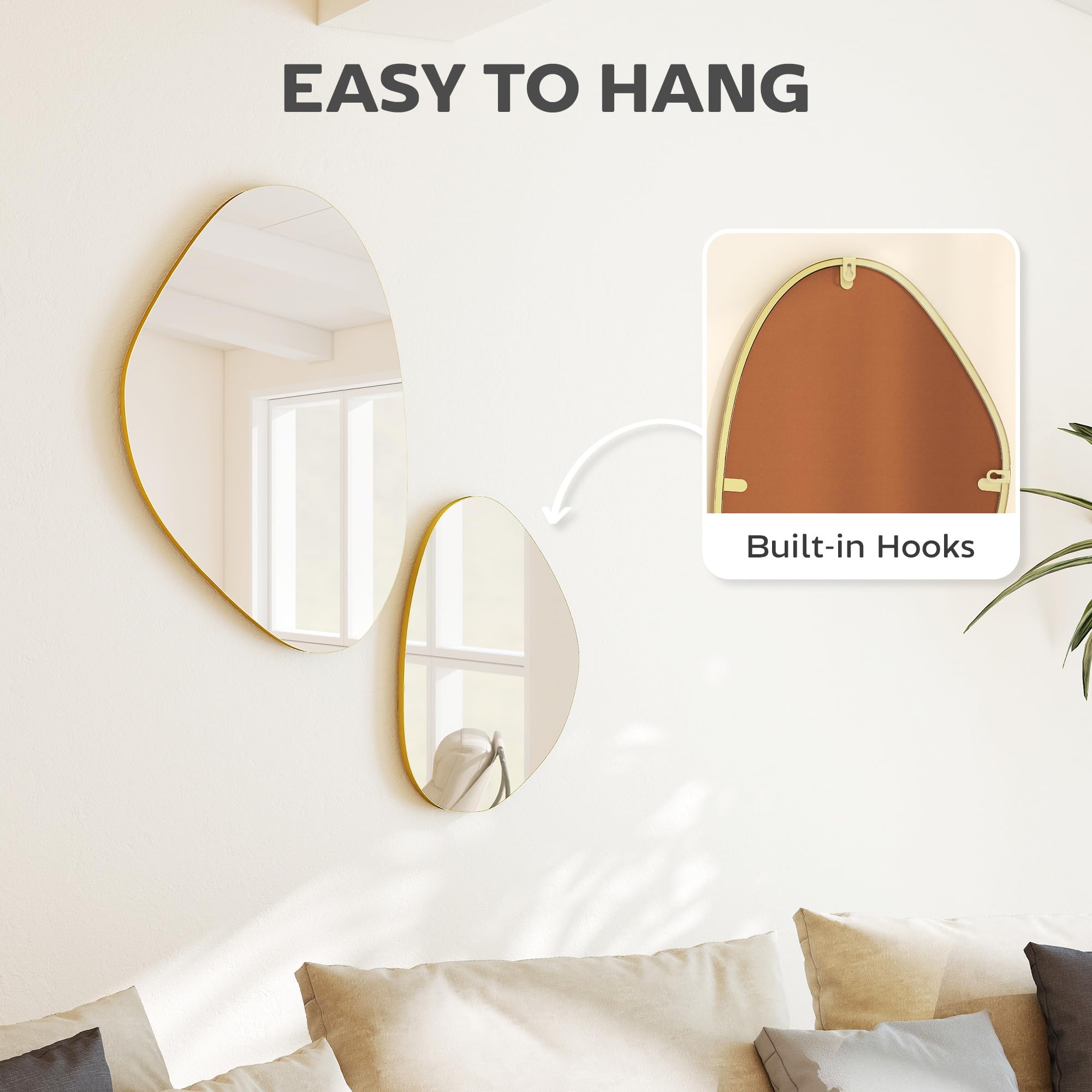 HOMCOM Espejo de pared irregular 2 guijarro marco metálico oro | 70 x 46 cm, 49,5 x 31 cm, espejo colgante asimétrico, sala de estar, entrada, dormitorio, pasillo