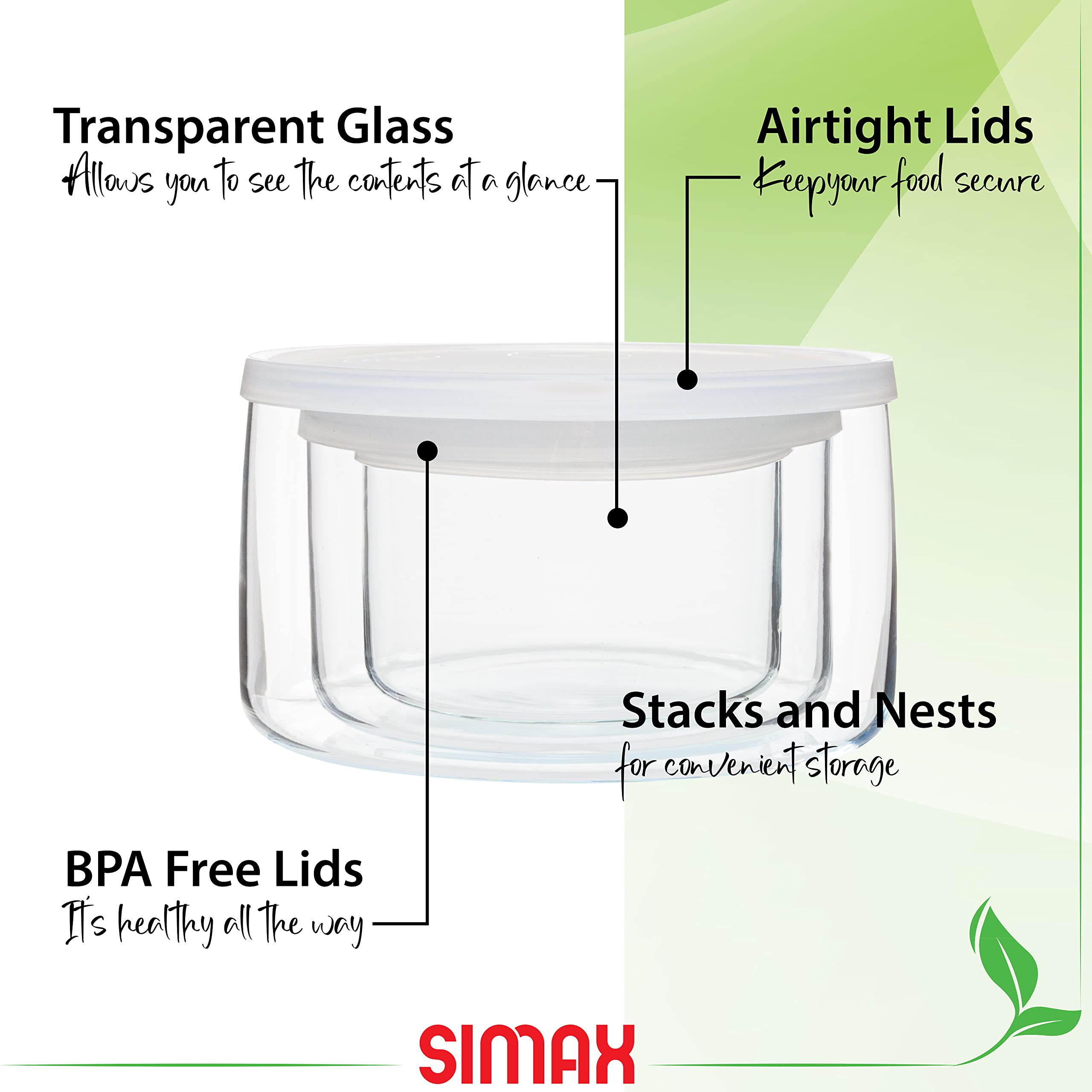 Simax Envases redondos de vidrio con tapas: recipientes de almacenamiento de alimentos de vidrio de borosilicato con tapas herméticas - envases de vidrio para almuerzo para adultos - recipiente para