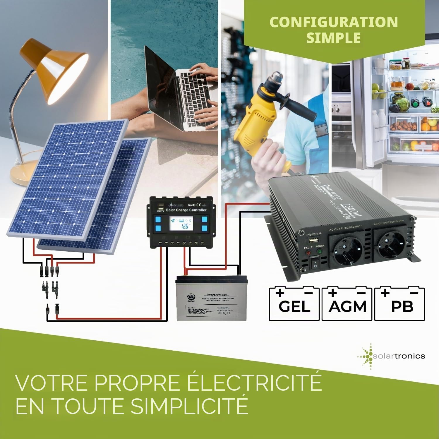 SOLARTRONICS NM 1500 Convertisseur de Tension 24V 230V Sinus modifié 1500W - 3000W Puissance de crête - Onduleur 24V à 230V convertisseur de Courant avec Prise Schuko & USB
