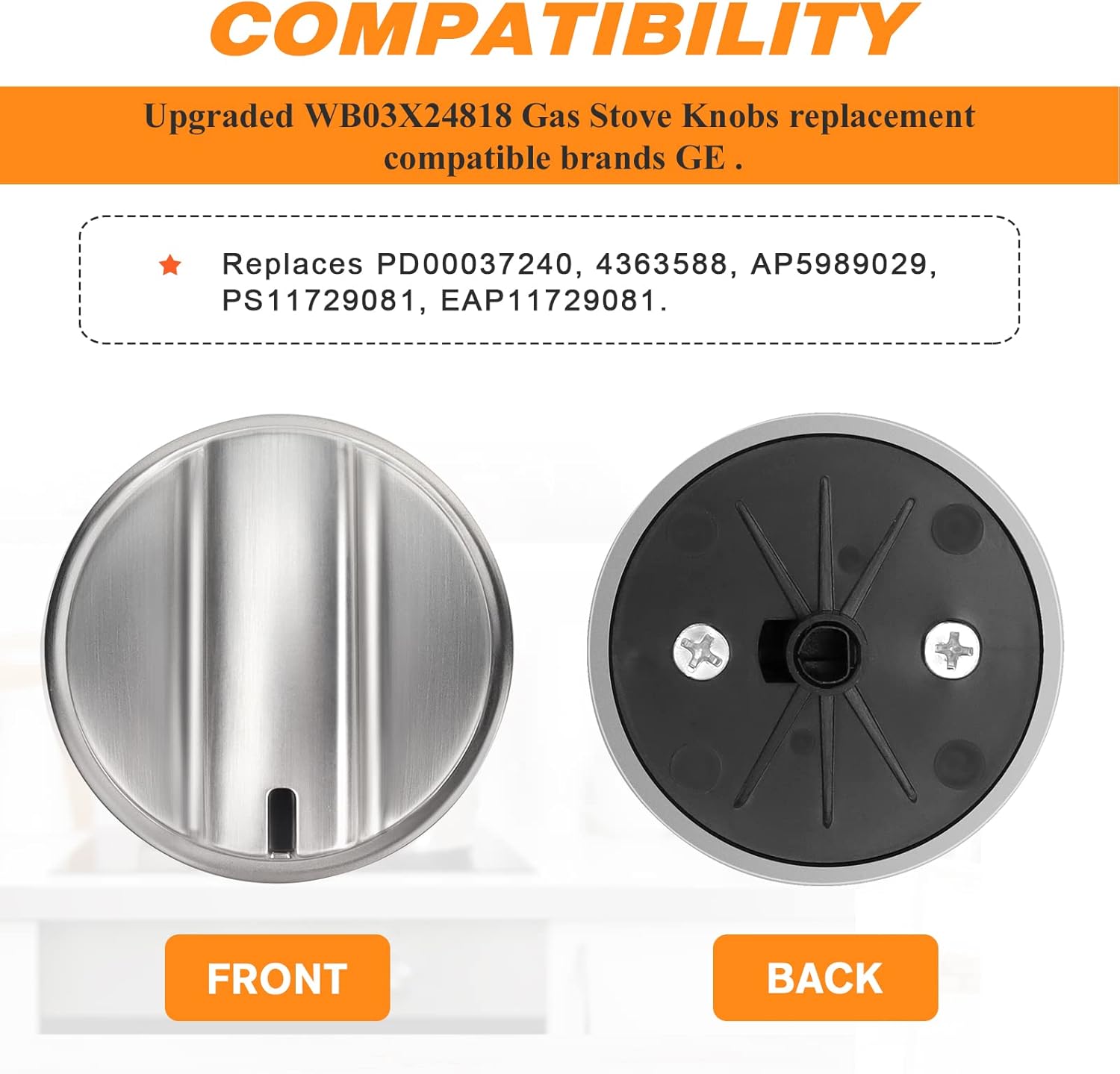 WB03X24818 Gas Stove Knobs Replacement 5Pack 100% Stainless Steel Gas Range Oven Stove Knob-24Pack WB02X24790 Grate Rubber Feet-Fit for GE Gas Stove Top Range Grate Foot Rubber Pads