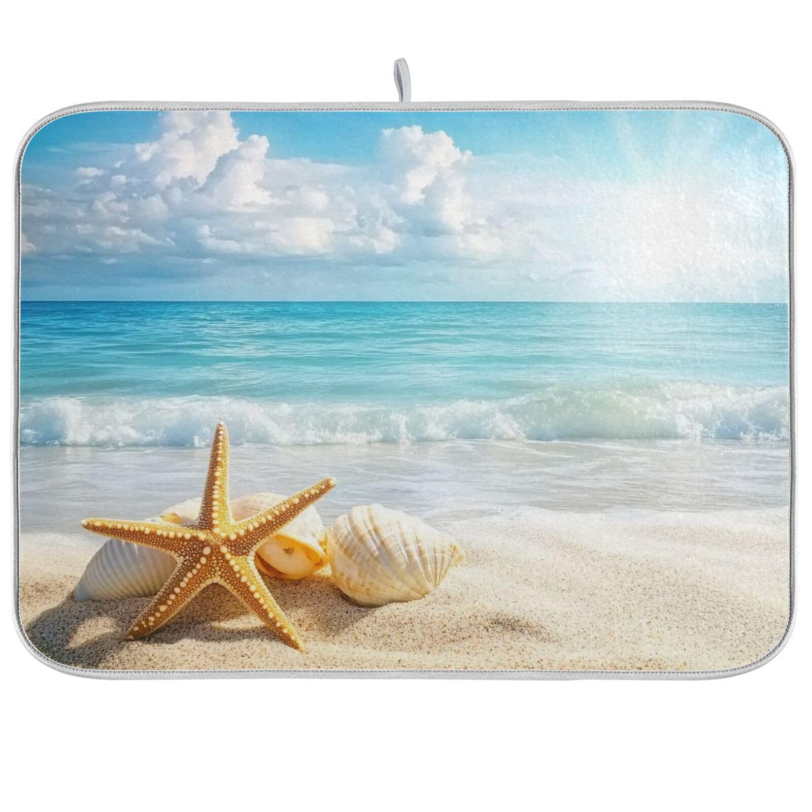 Xukor Dish Drying Mat for Kitchen Counter, Sea Beach Starfish Shells (4) Drying Pad with Non-Slip Rubber, Highly Absorbent Microfiber Dish Drainer Mat