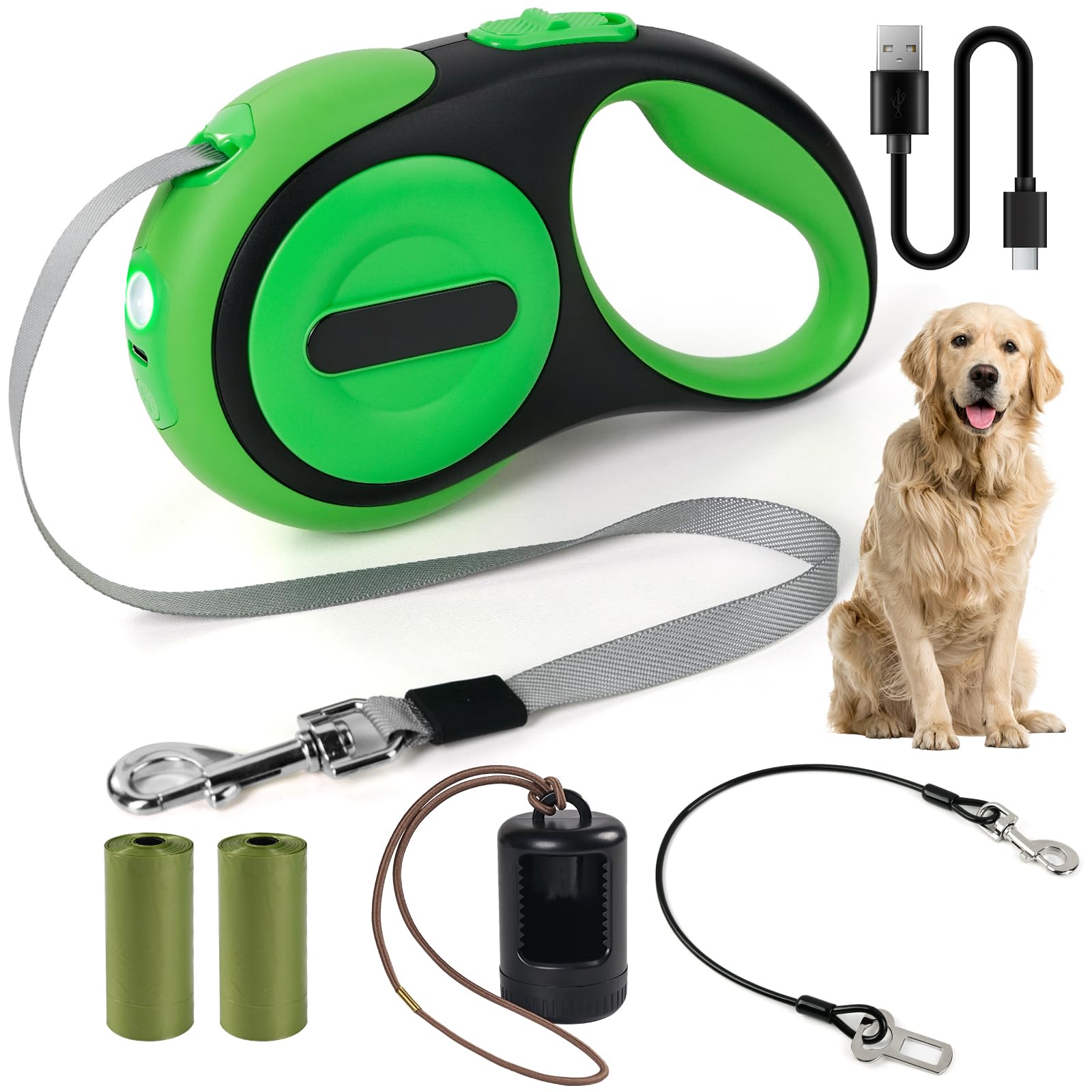 Retractable Dog Leash 16ft, 360° Tangle-Free, with Chew Proof Cable, LED Light, Dispenser, 2 Poop Bags. One Button Brake & Lock, Anti-Slip Handle, for Dogs Up to 75lbs. (Green, 16ft)