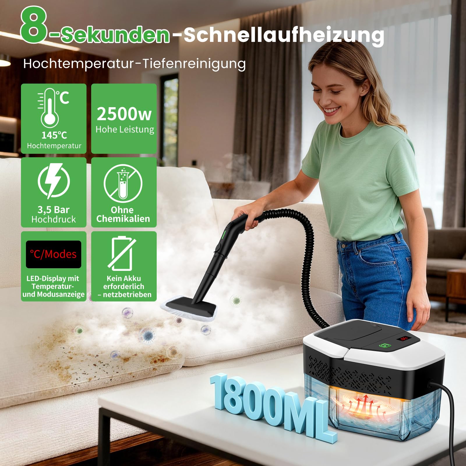 Granarbol 1800ml -2500W Dampfreiniger, 8s Heizung 275°F/145°C Entfernt Fett