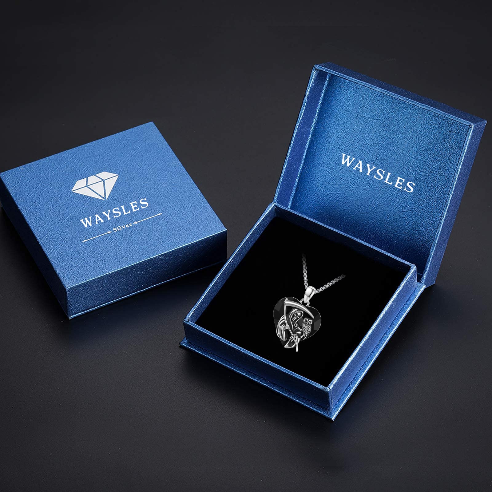 Reaper - Collar de plata de ley 925, diseño de búho y Santa Muerte con cristales negros, collar de Halloween, joyas de Halloween, regalo para mujeres y hombres, 22 + 2 pulgadas, 18 * 18 mm, Plata