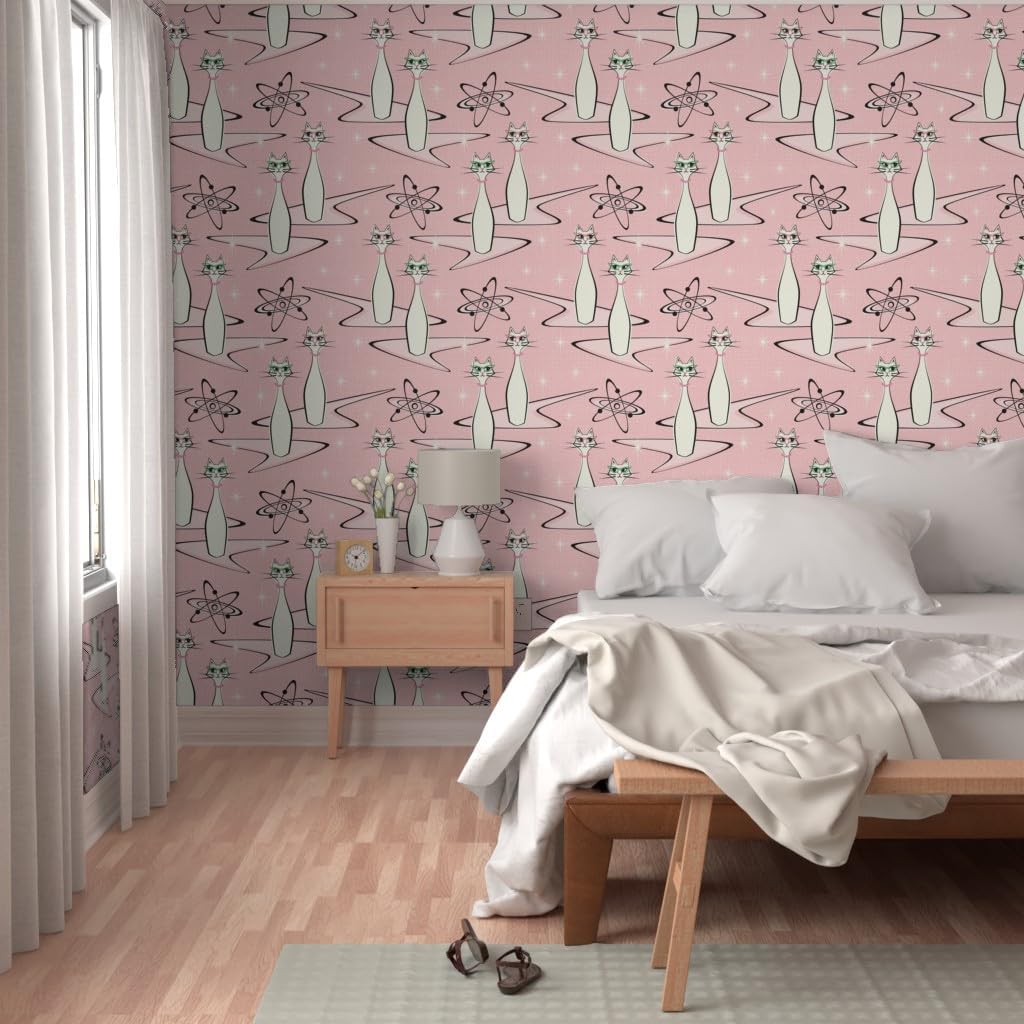 Peel & Stick Wallpaper 3ft x 2ft - Atomic Age Cats On Pink Retro 1950S Cats Midcentury Modern Custom Removable Wallpaper by Spoonflower
