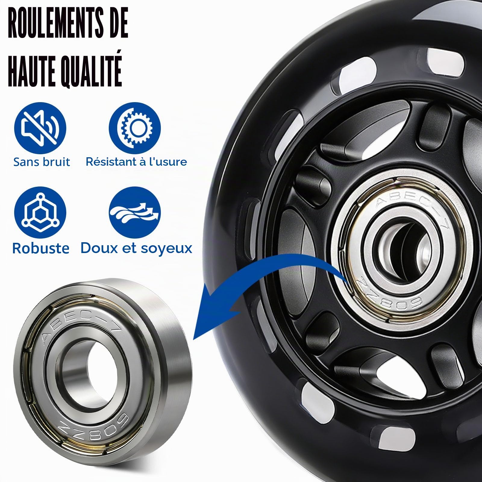 TOBWOLF Lot de 8 roues de patins à roulettes de rechange avec roulements ABEC 7, noir 70 mm/76 mm, dureté 82A/84A, unisexe