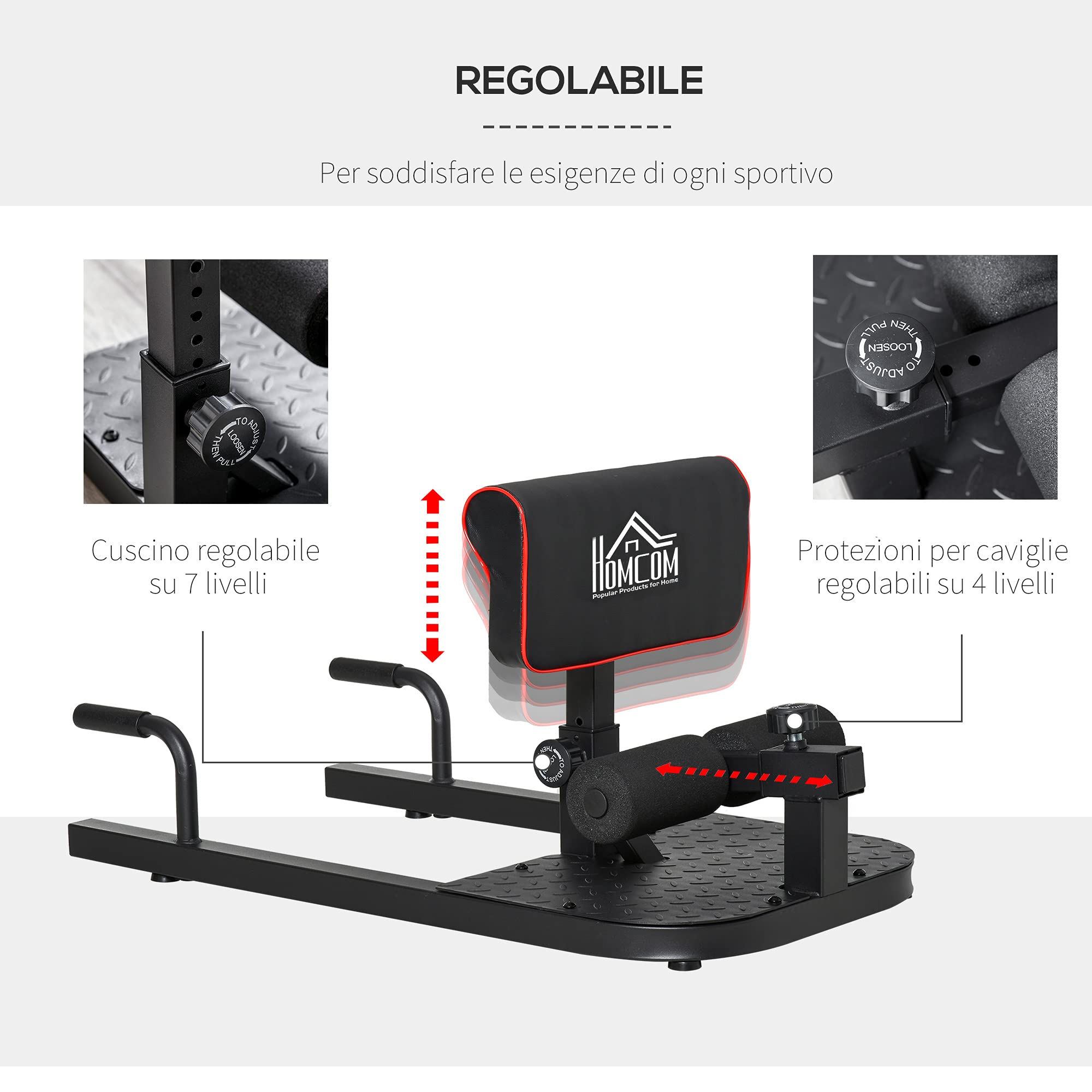 HOMCOM Macchina Squat 3 in 1, Macchina per Deep Sissy Squat Sit Up Push Up Regolabile Acciaio, Multifunzione, per Fitness, Allenamento, Leg Press, Addominali e Flessioni